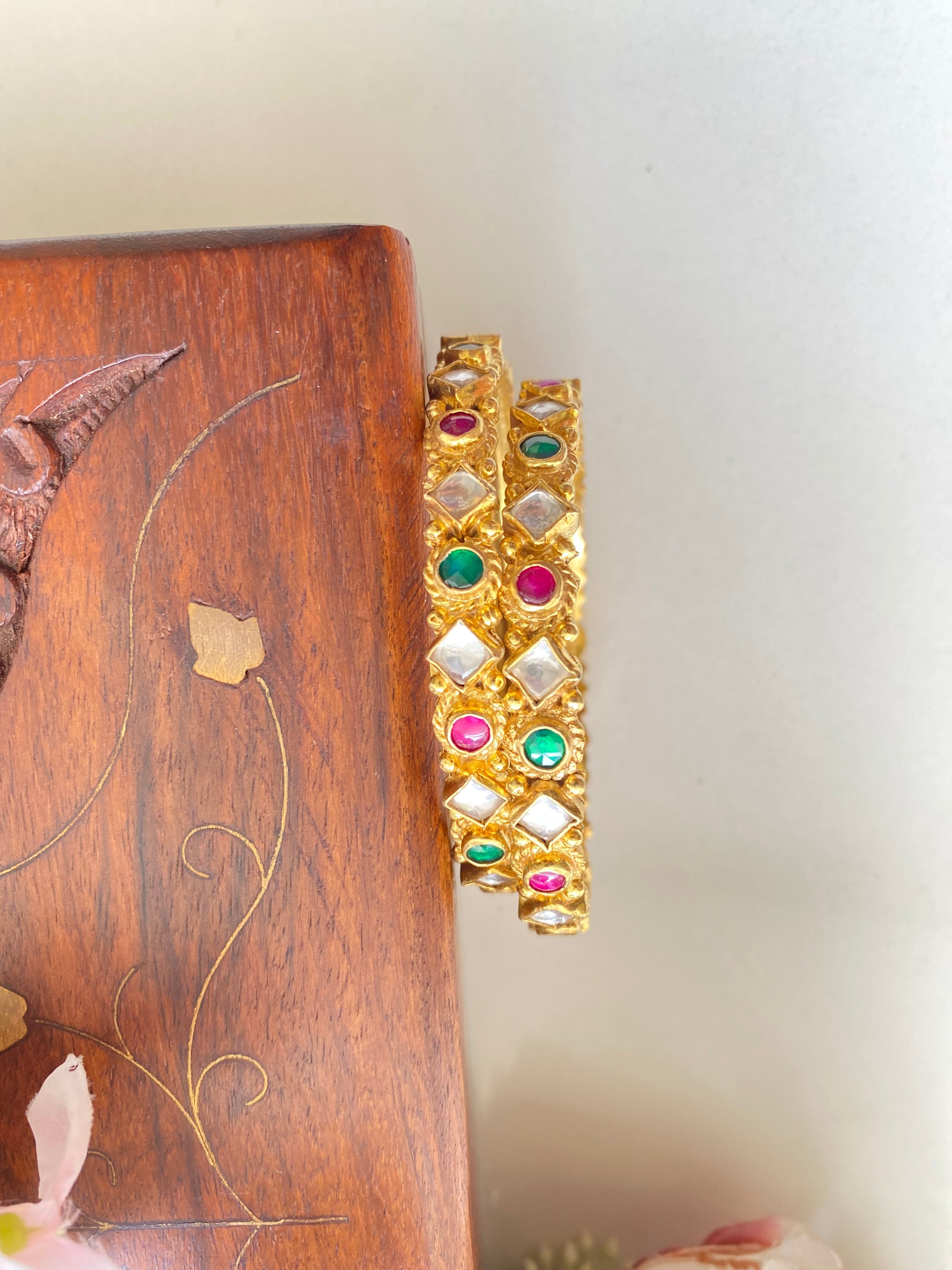 Gold Plated Pink and green Kundan Bangles