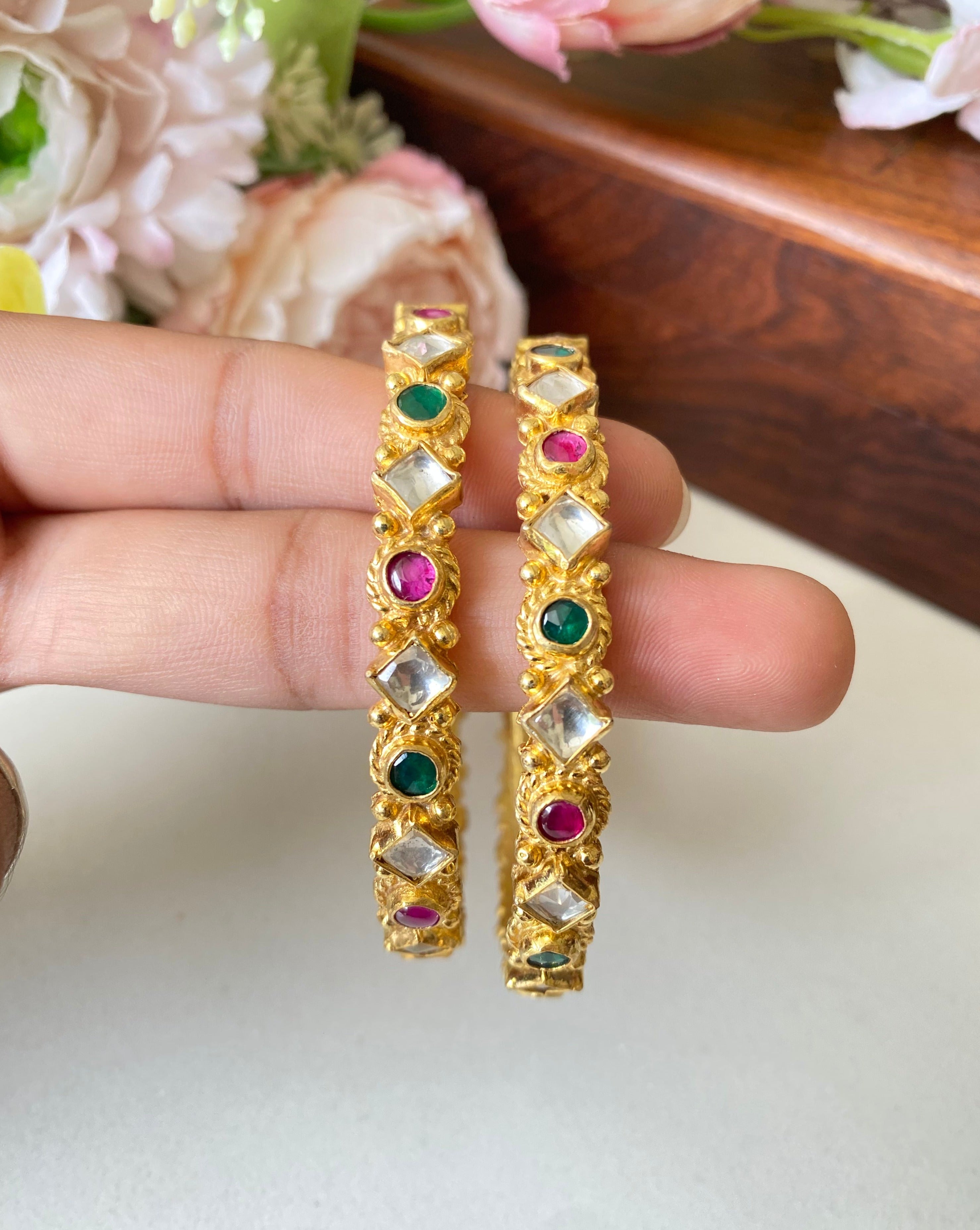 Gold Plated Pink and green Kundan Bangles