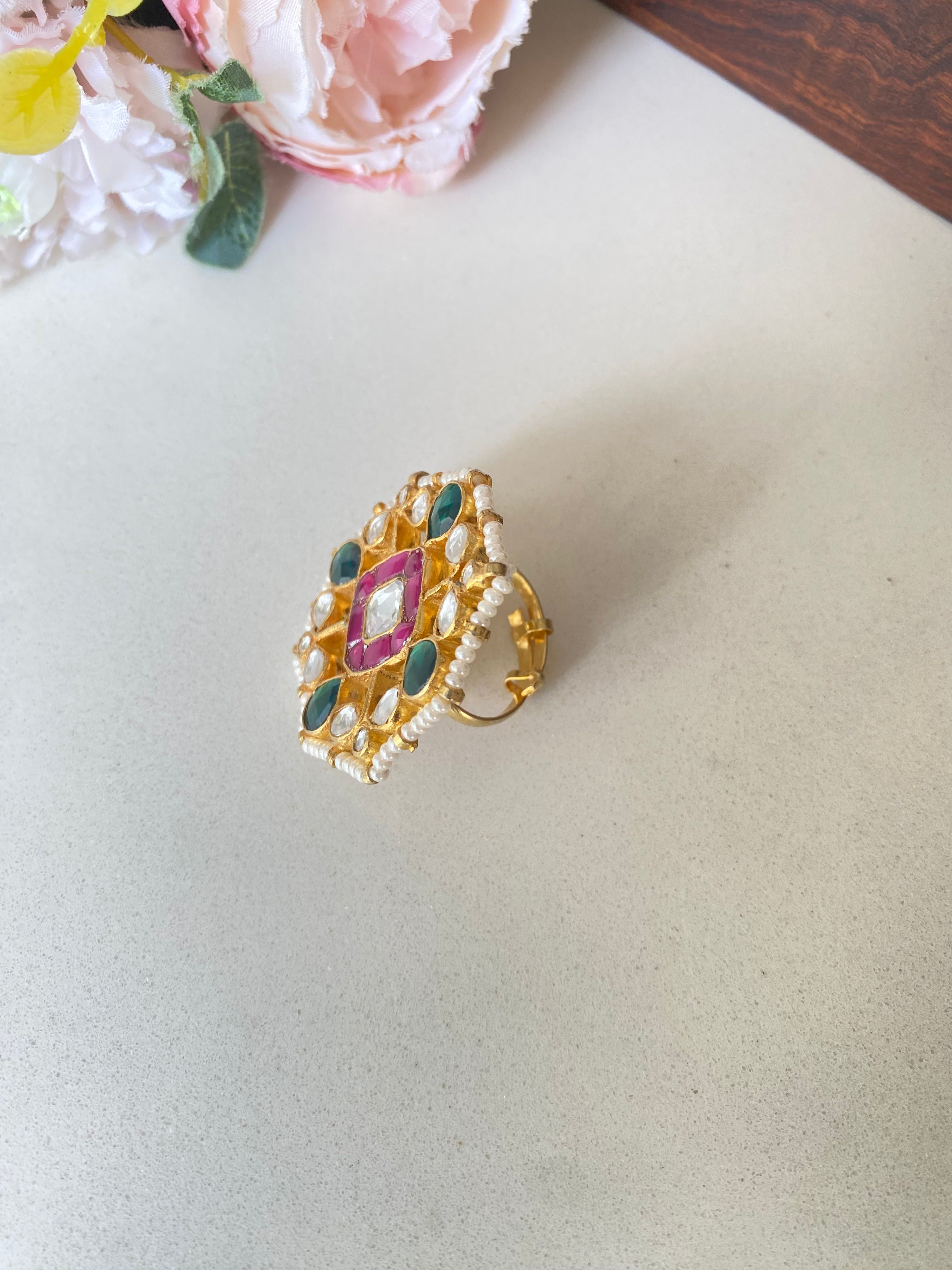 Gold Plated Pink and green Kundan Ring