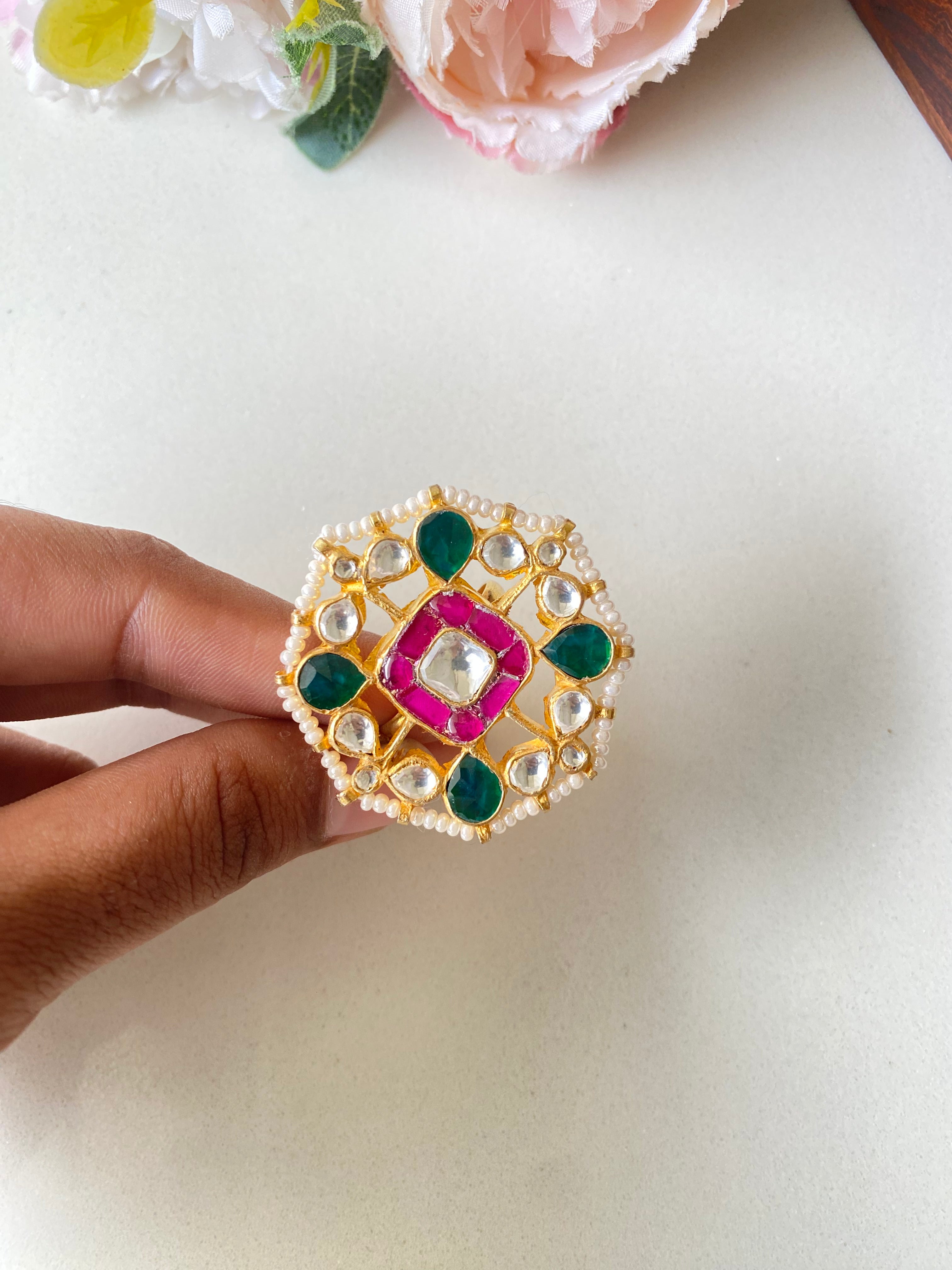 Gold Plated Pink and green Kundan Ring