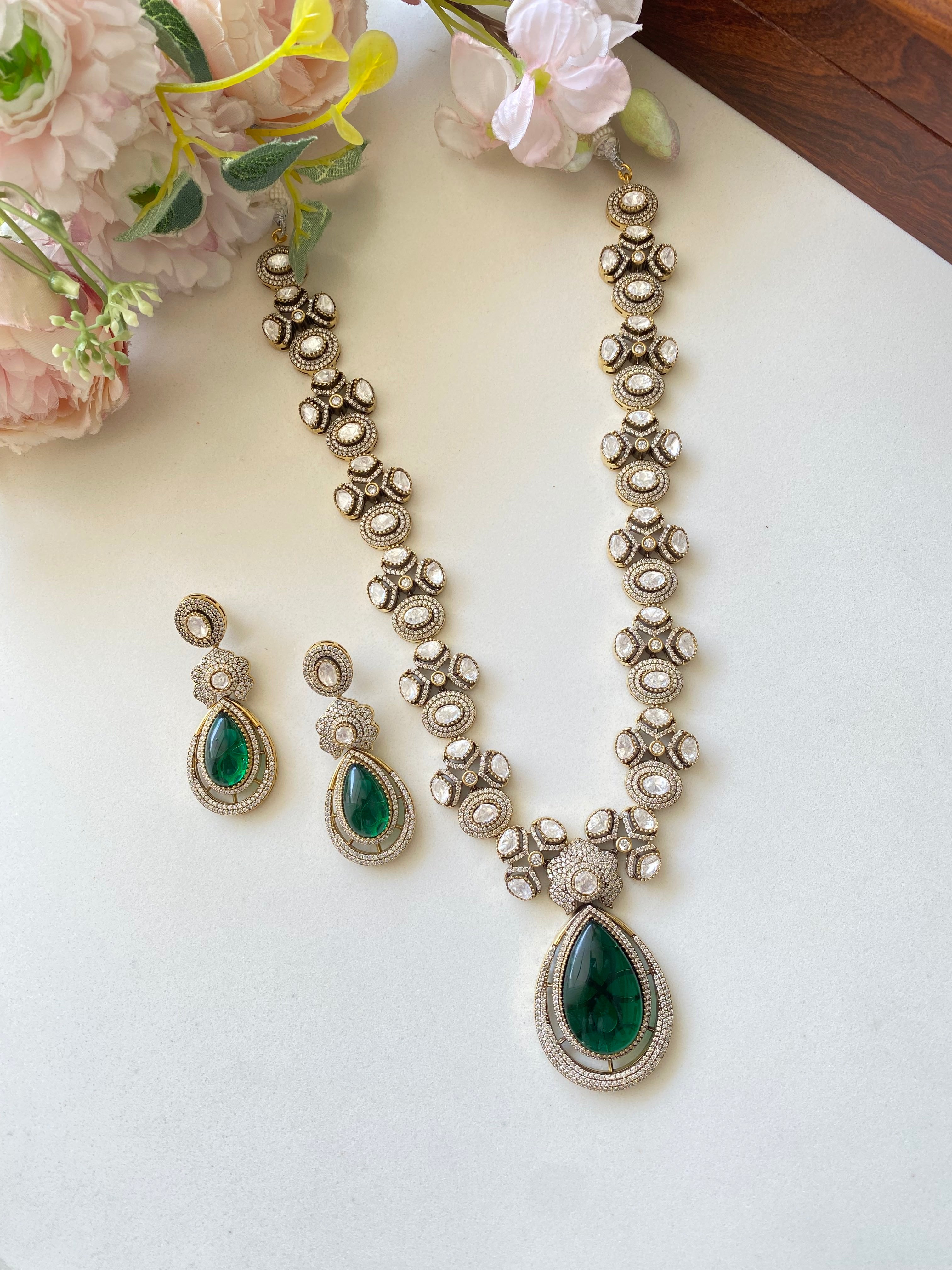Green Stone Moissanite Necklace set