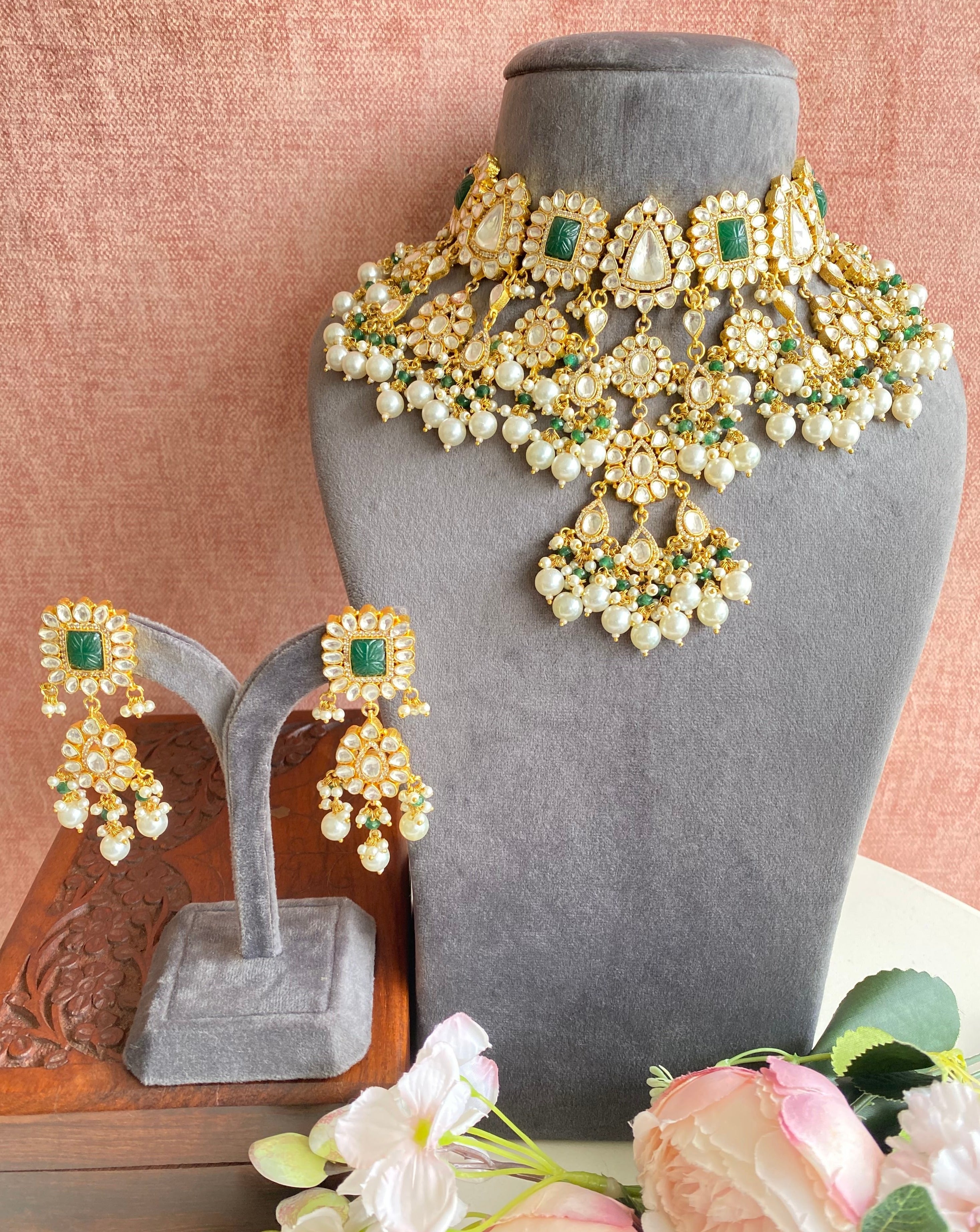 Kundan Bridal Green Necklace set in pearl drops