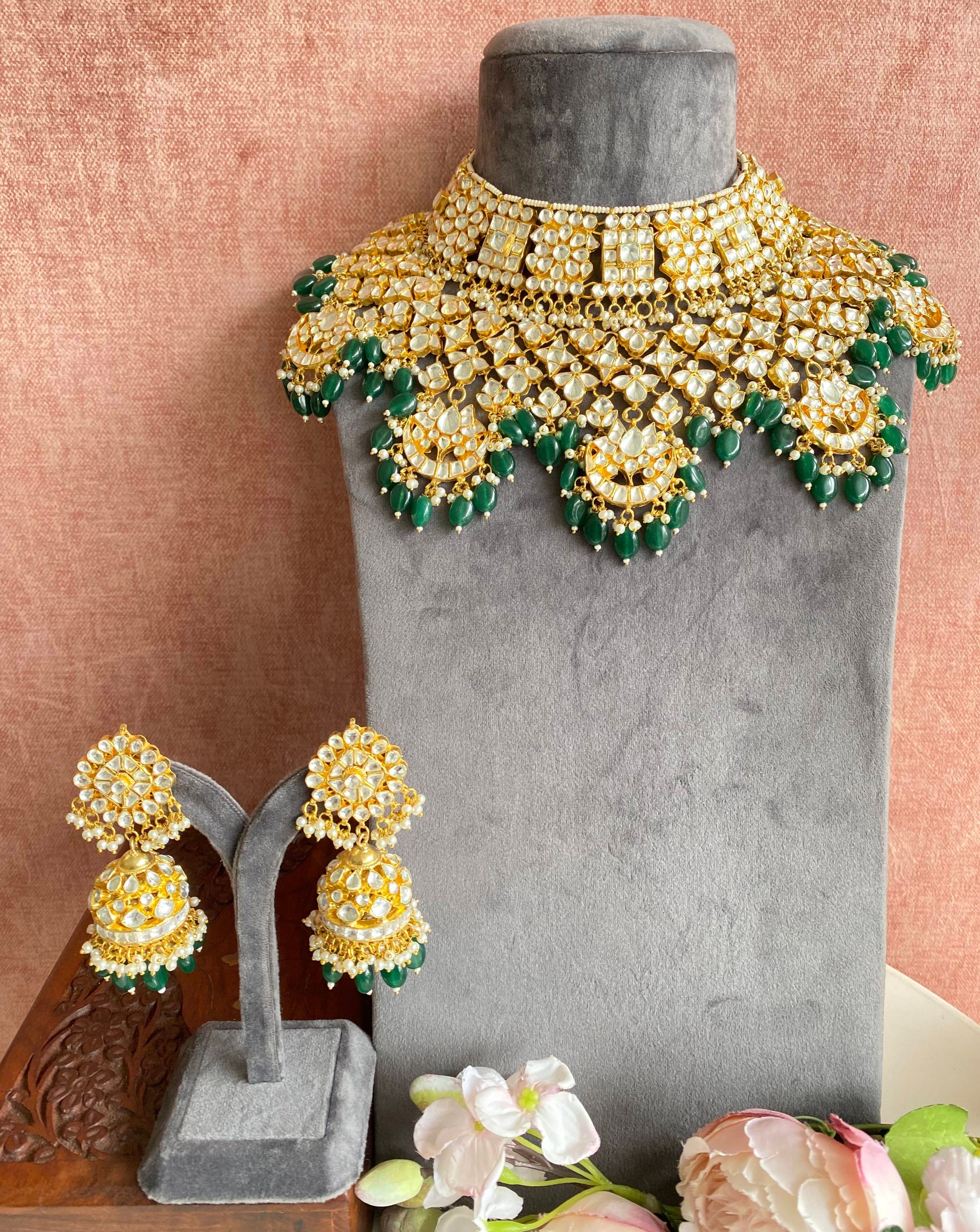 Gold Plated Bridal Kundan Necklace Set in green drops