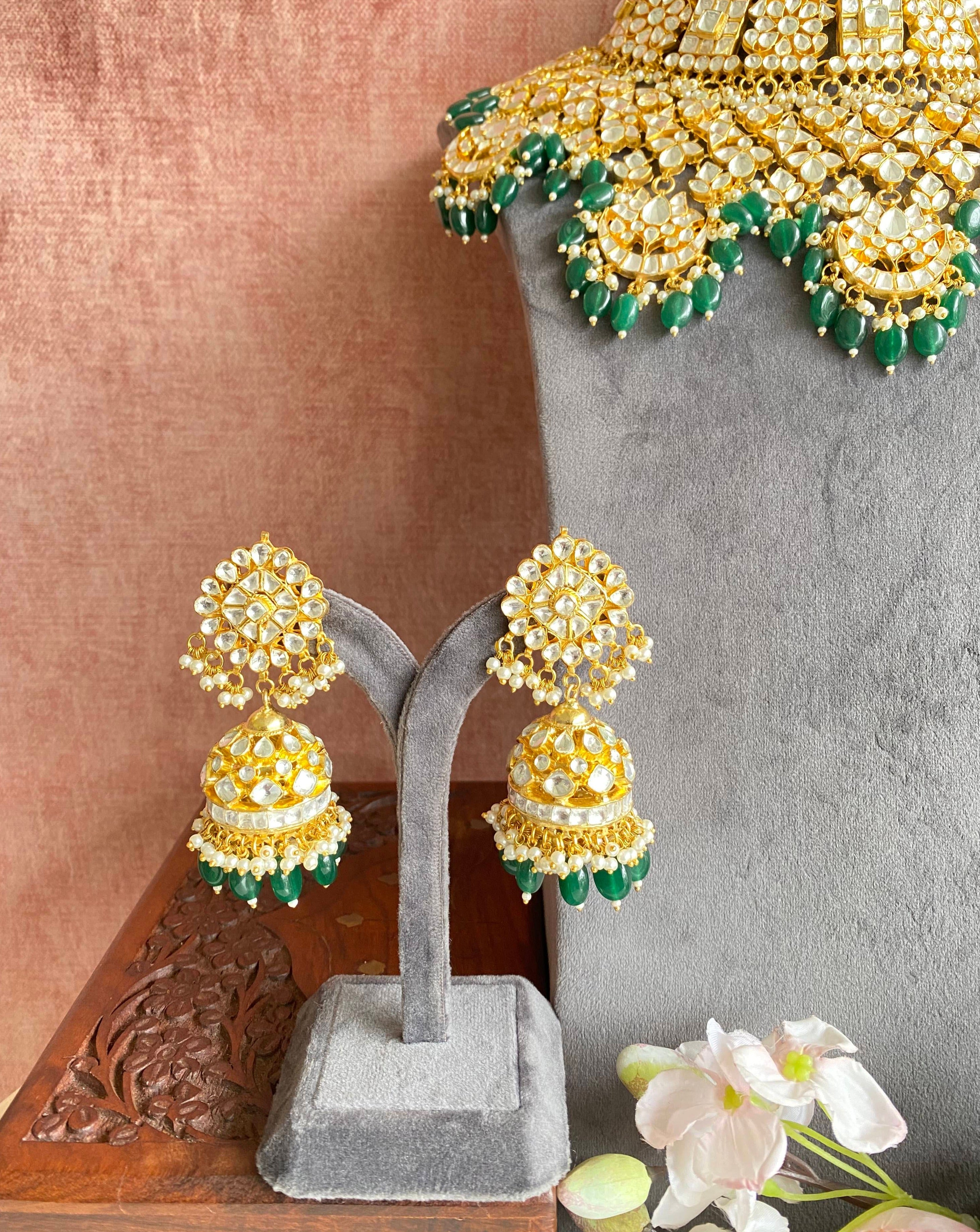 Gold Plated Bridal Kundan Necklace Set in green drops
