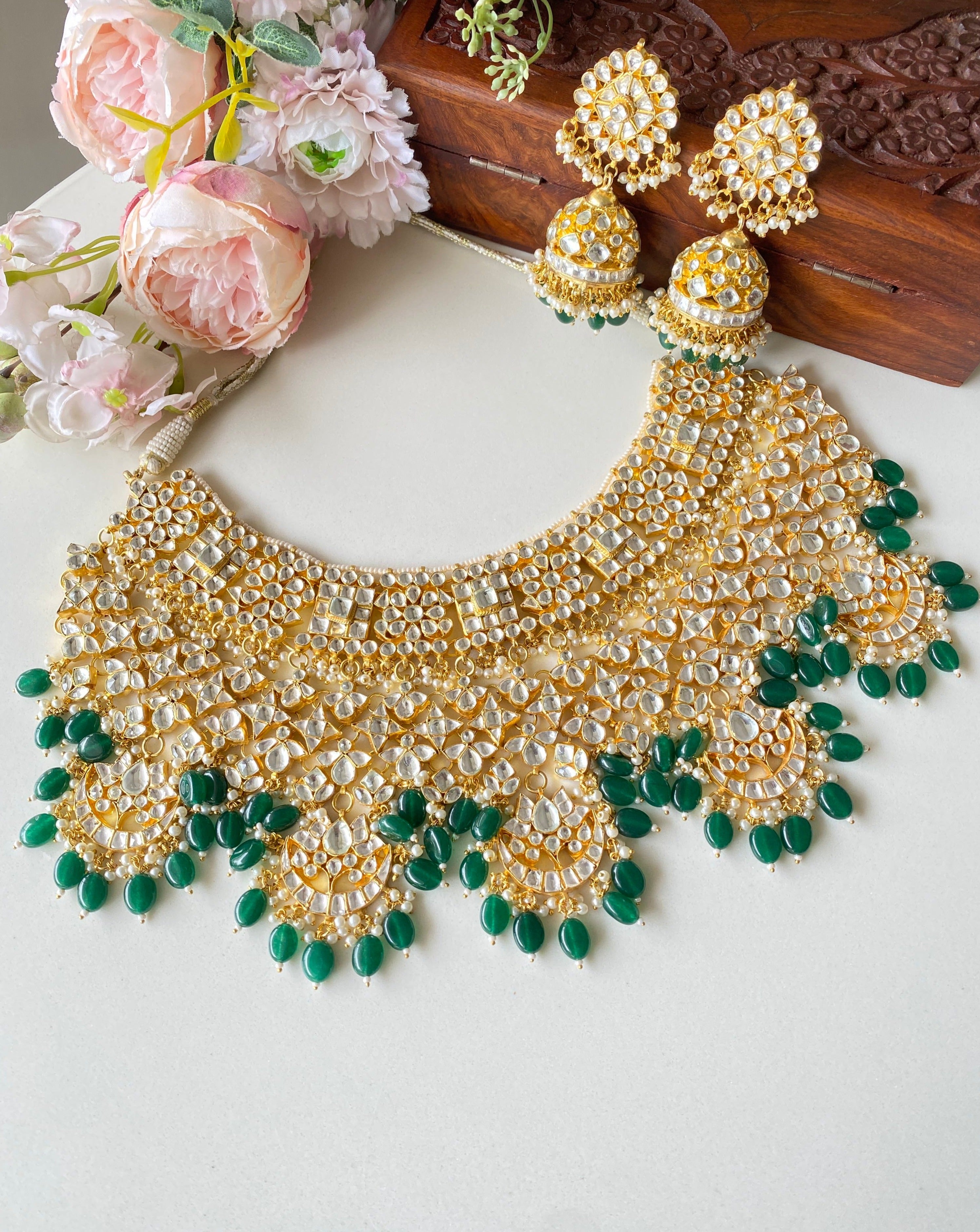 Gold Plated Bridal Kundan Necklace Set in green drops
