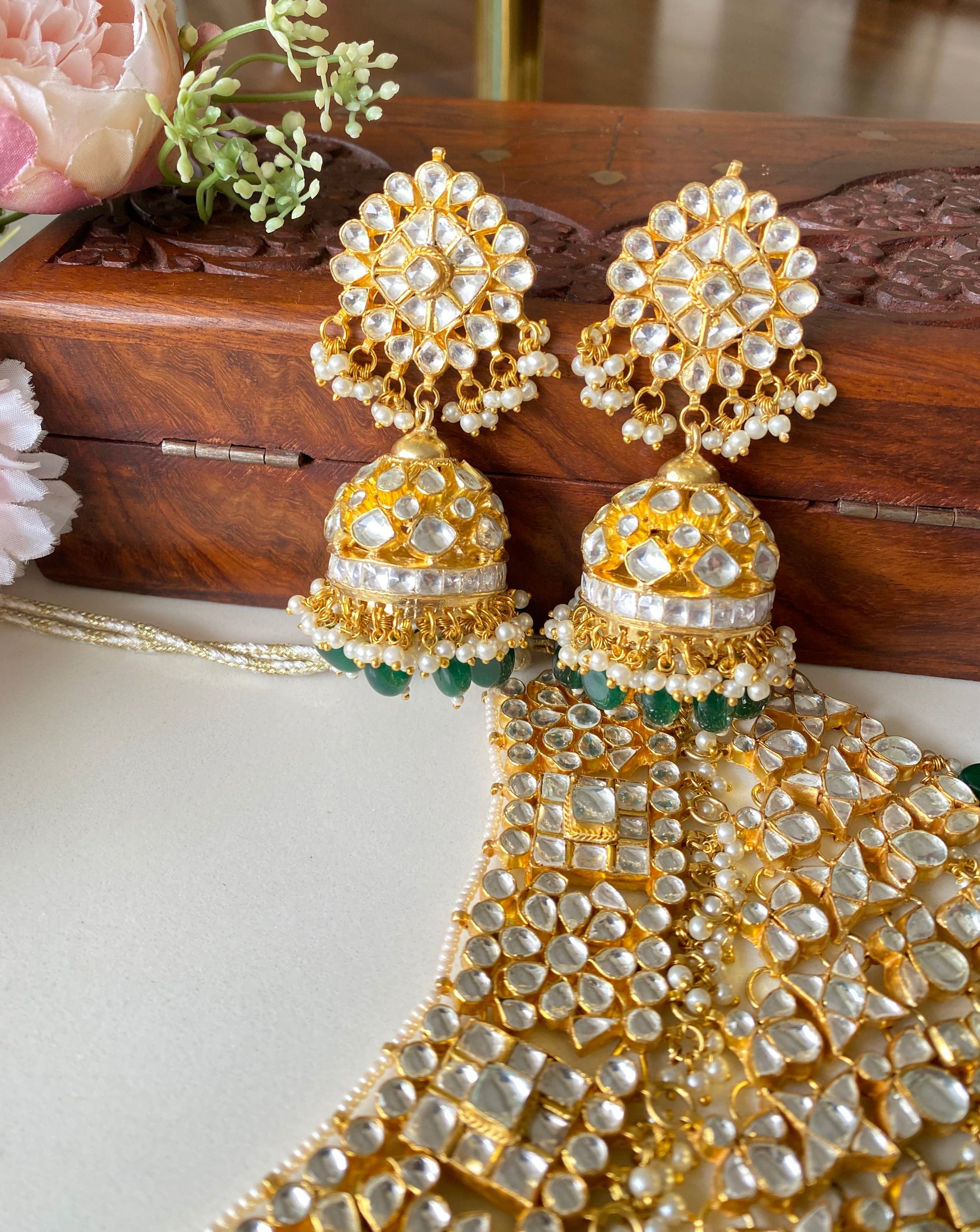 Gold Plated Bridal Kundan Necklace Set in green drops