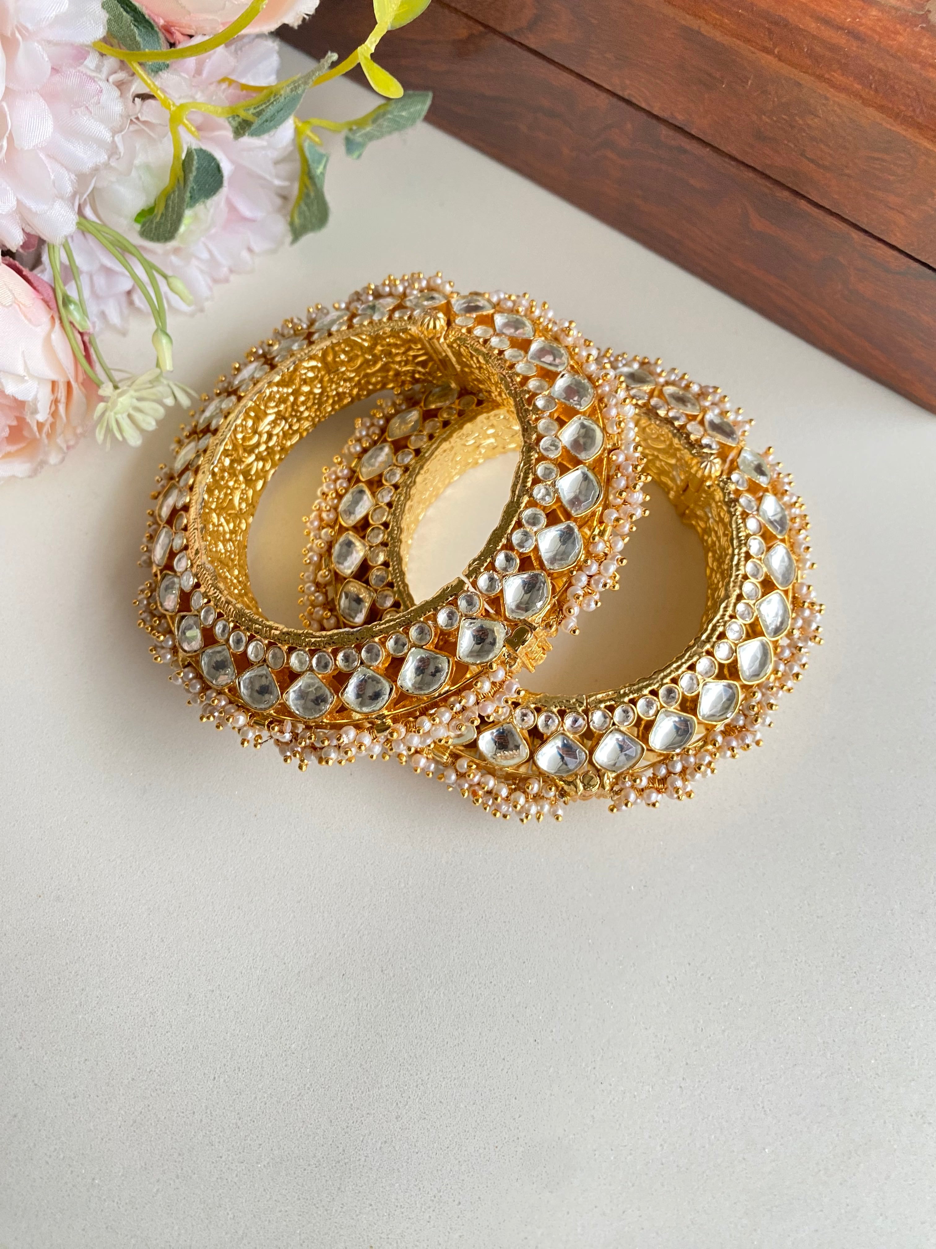 Gold plated Kundan Bangle in pearl detailing
