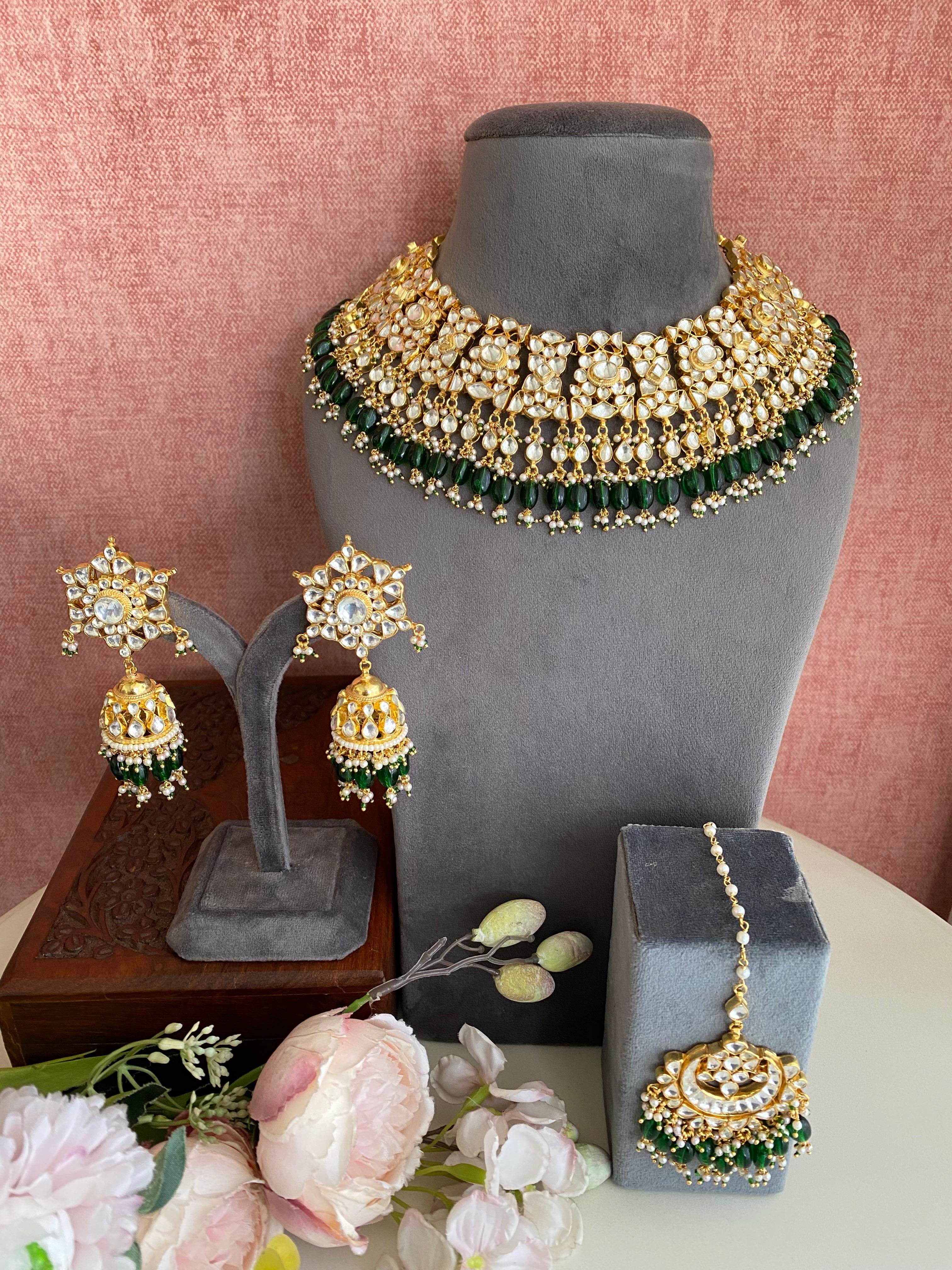 Kundan Gold plated Bridal Necklace set in Green Drops