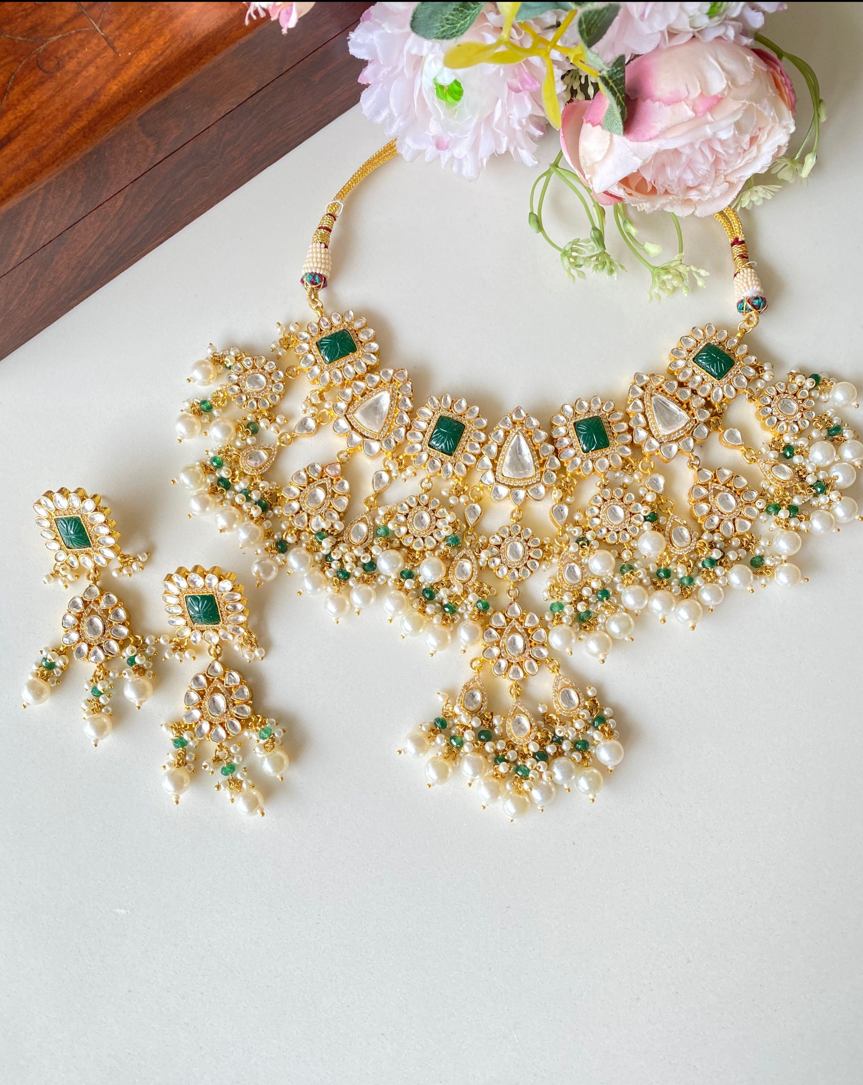 Kundan Bridal Green Necklace set in pearl drops