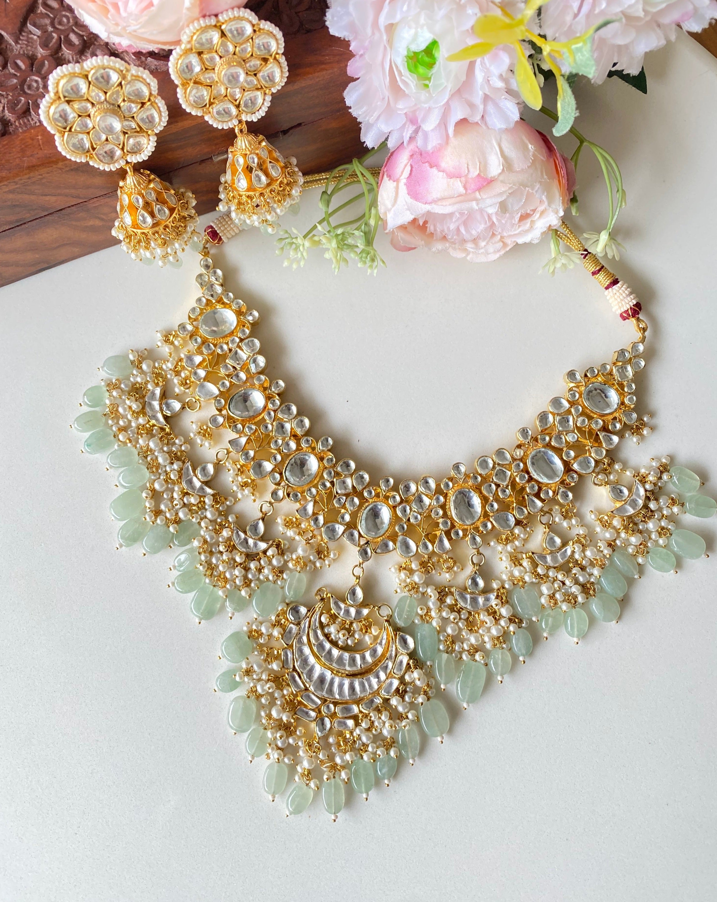 Kundan Bridal Necklace set in mint drops