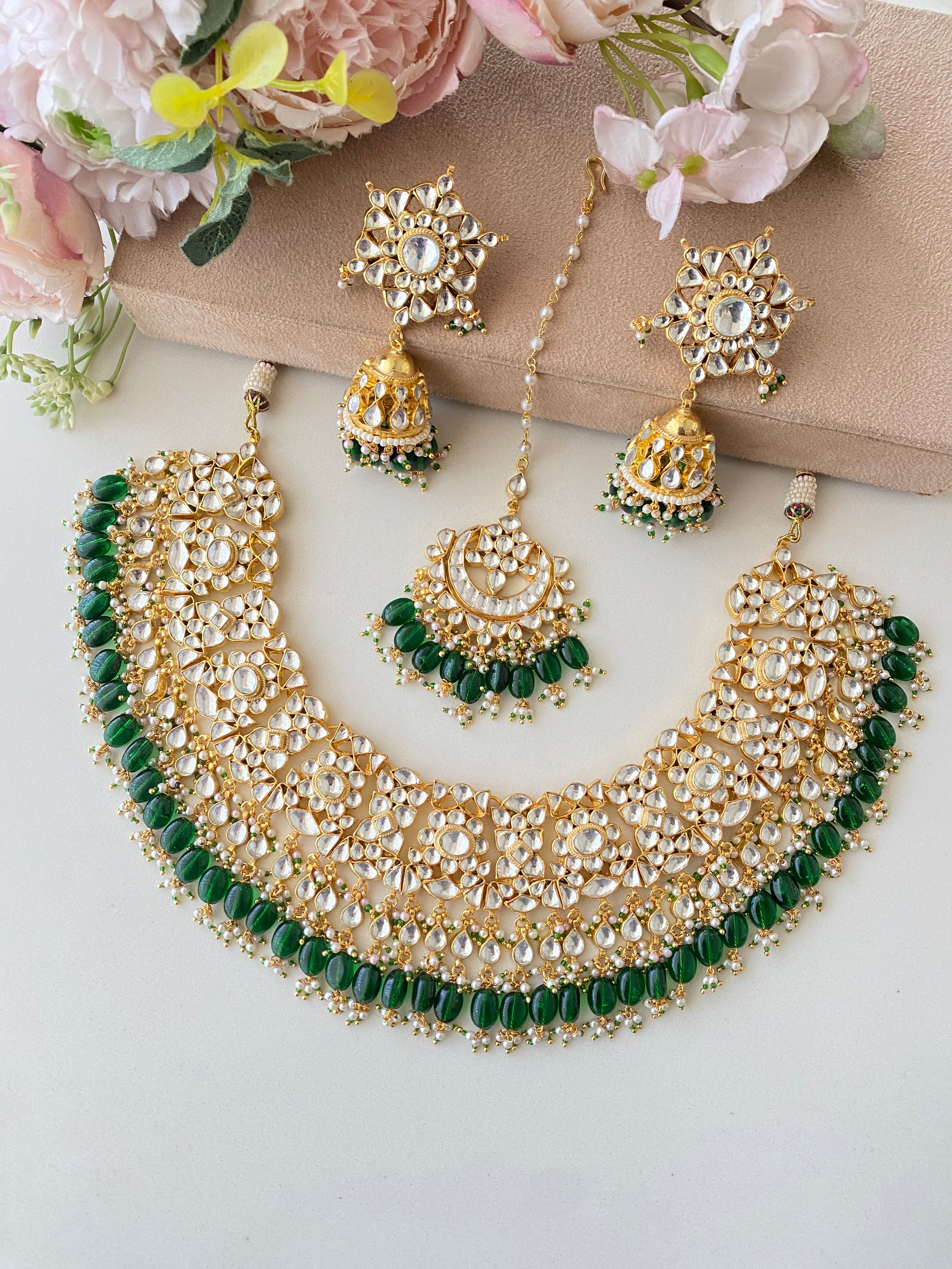 Kundan Gold plated Bridal Necklace set in Green Drops