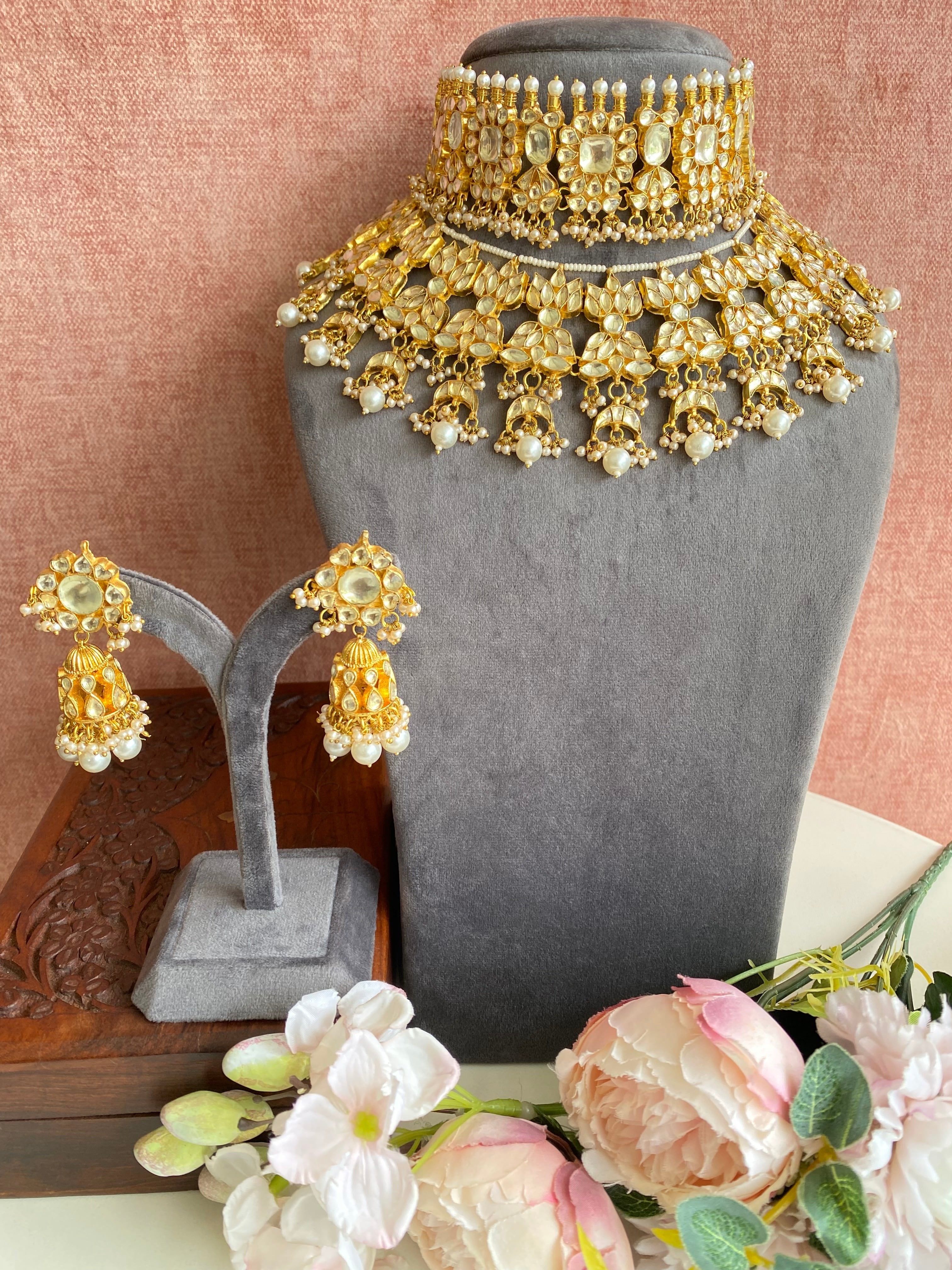 Kundan Gold plated Double Necklace Set in pearl drops