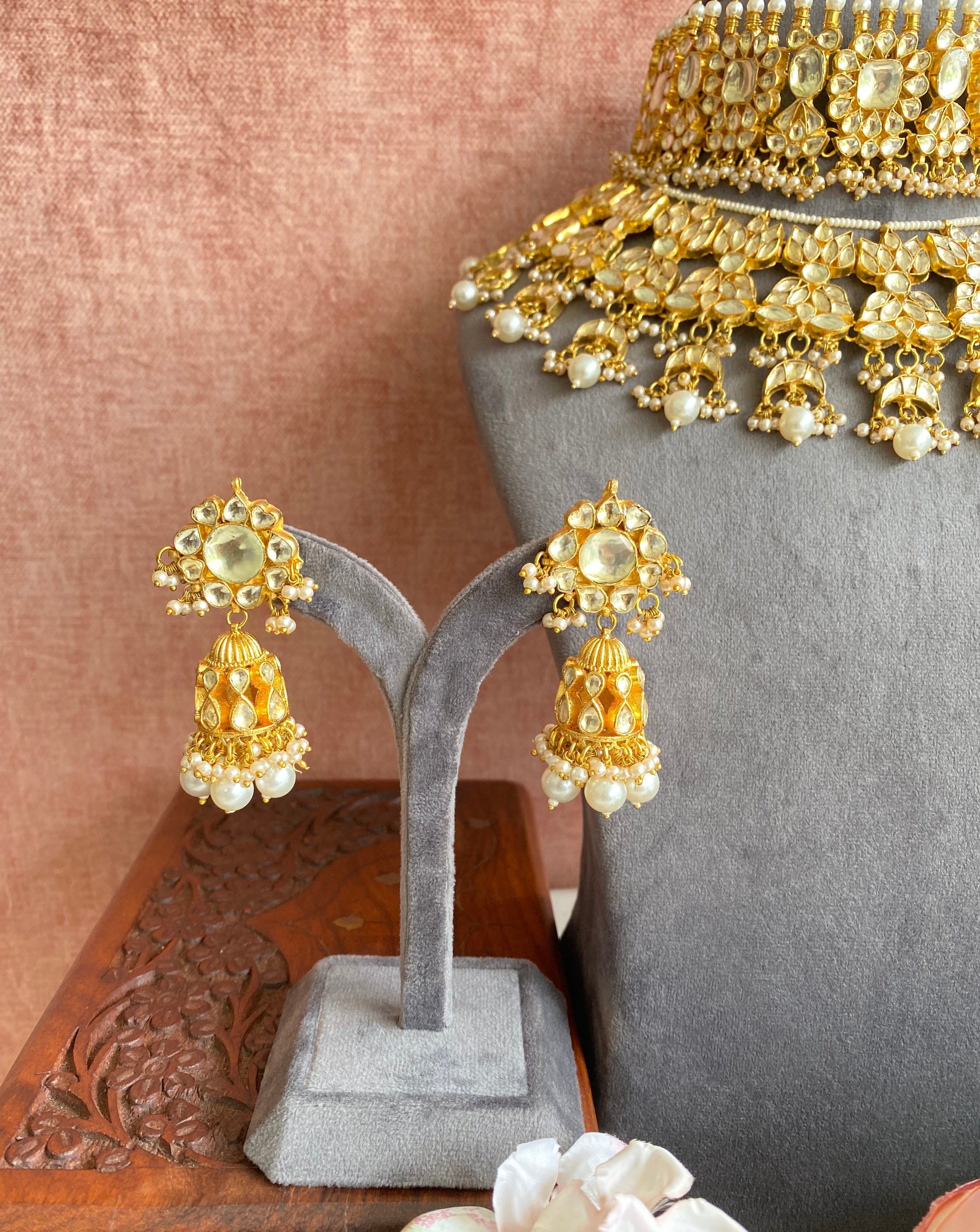 Kundan Gold plated Double Necklace Set in pearl drops