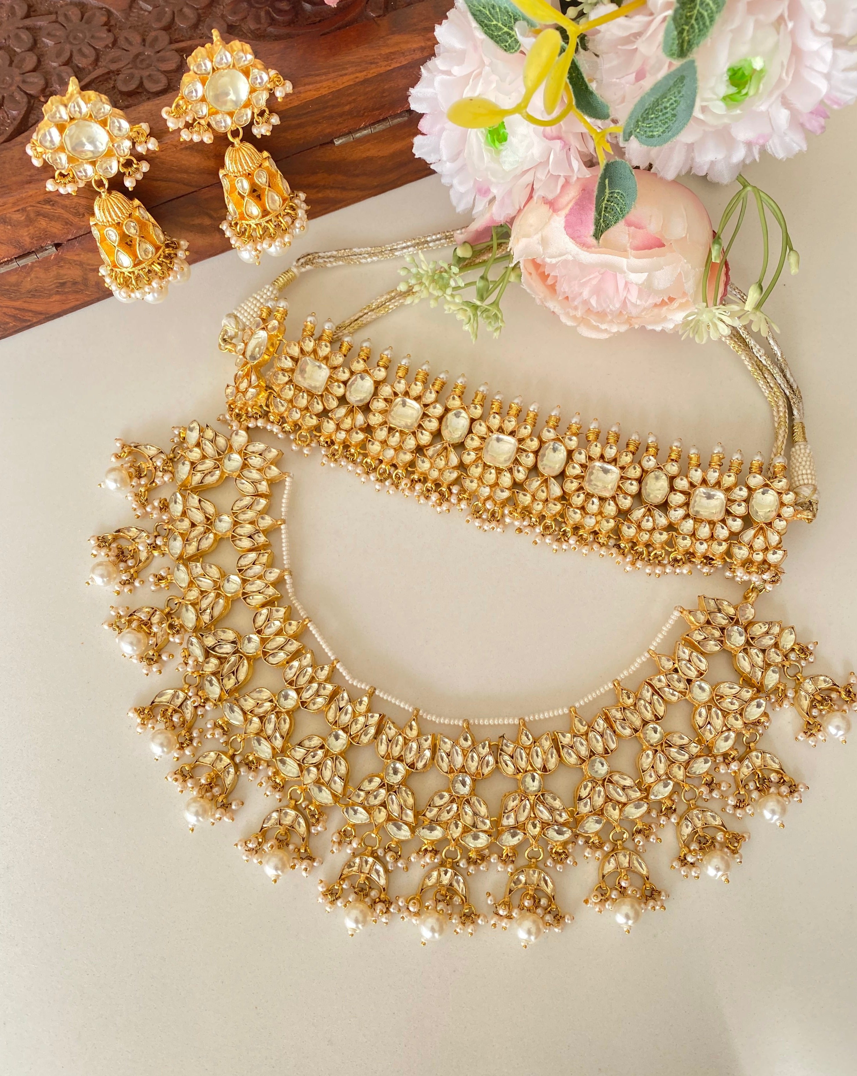 Kundan Gold plated Double Necklace Set in pearl drops