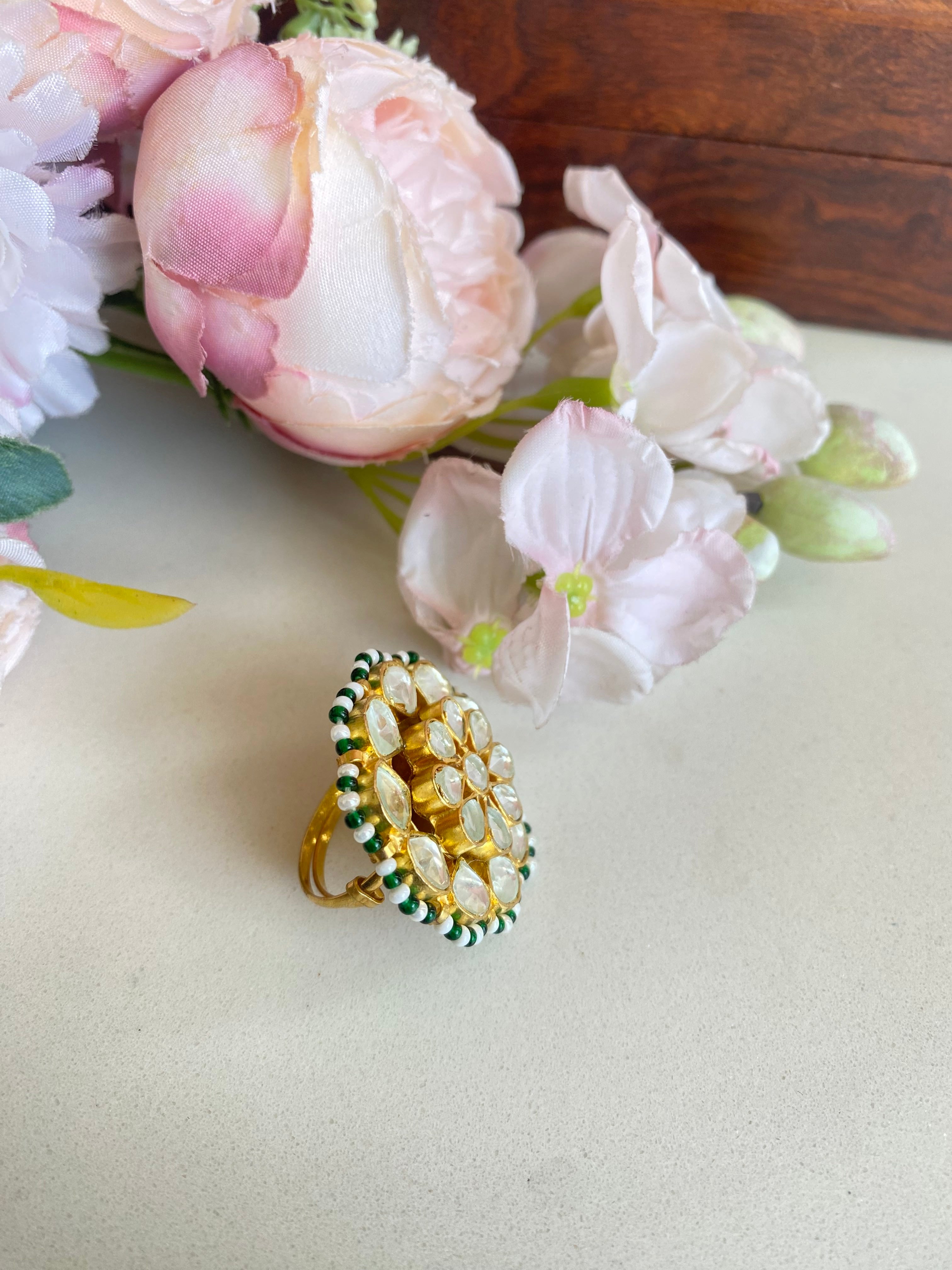 Gold plated Kundan Ring In Green Pearl