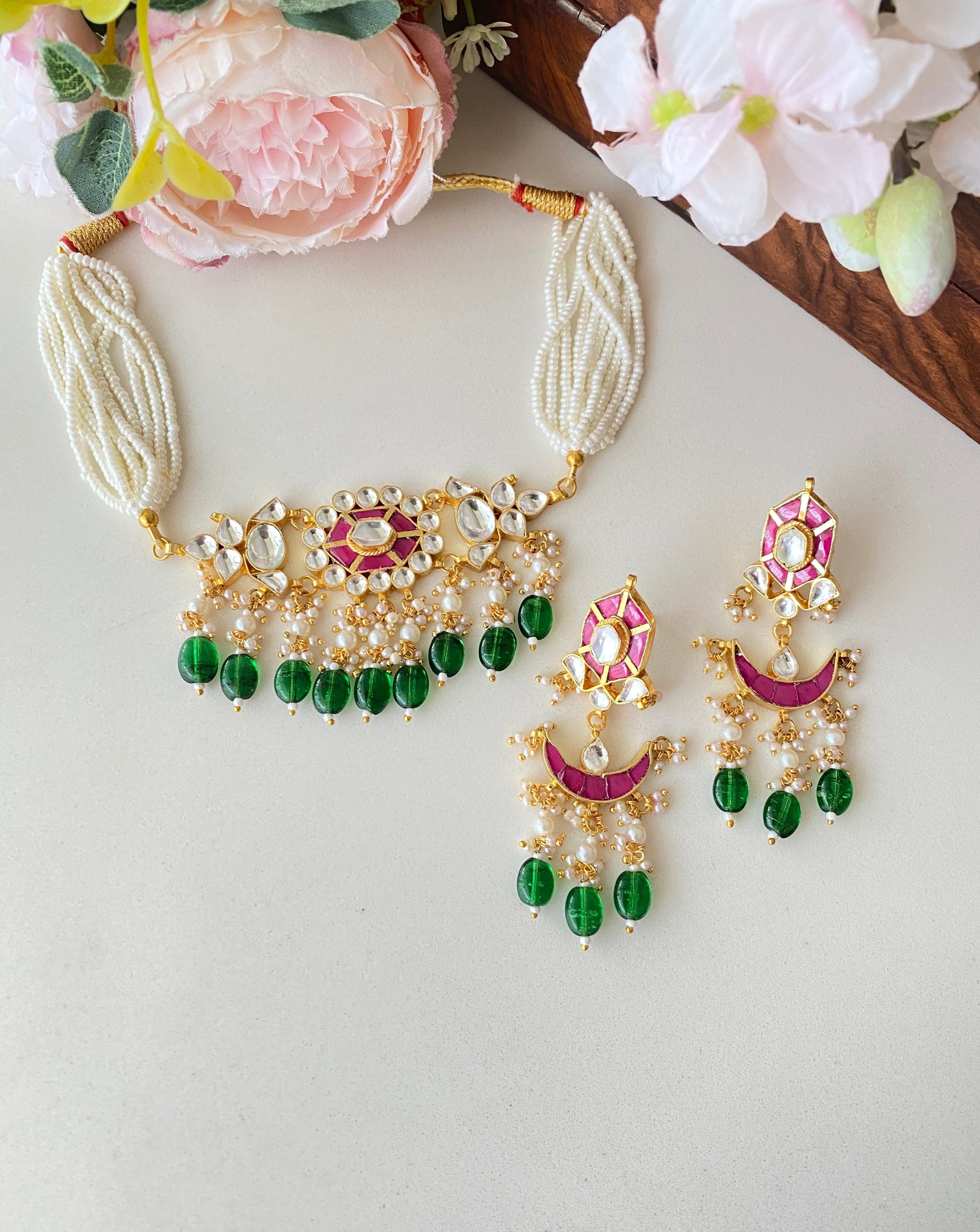 Gold plated Kundan choker set in green drops