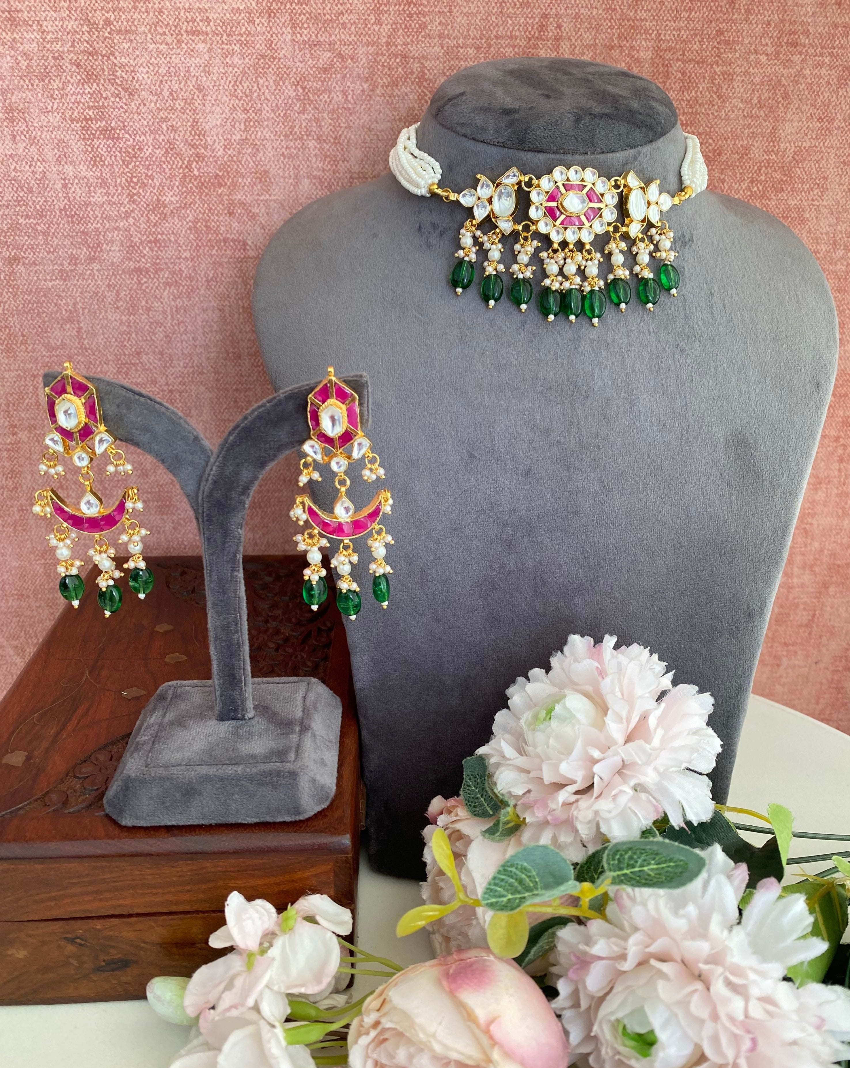 Gold plated Kundan choker set in green drops