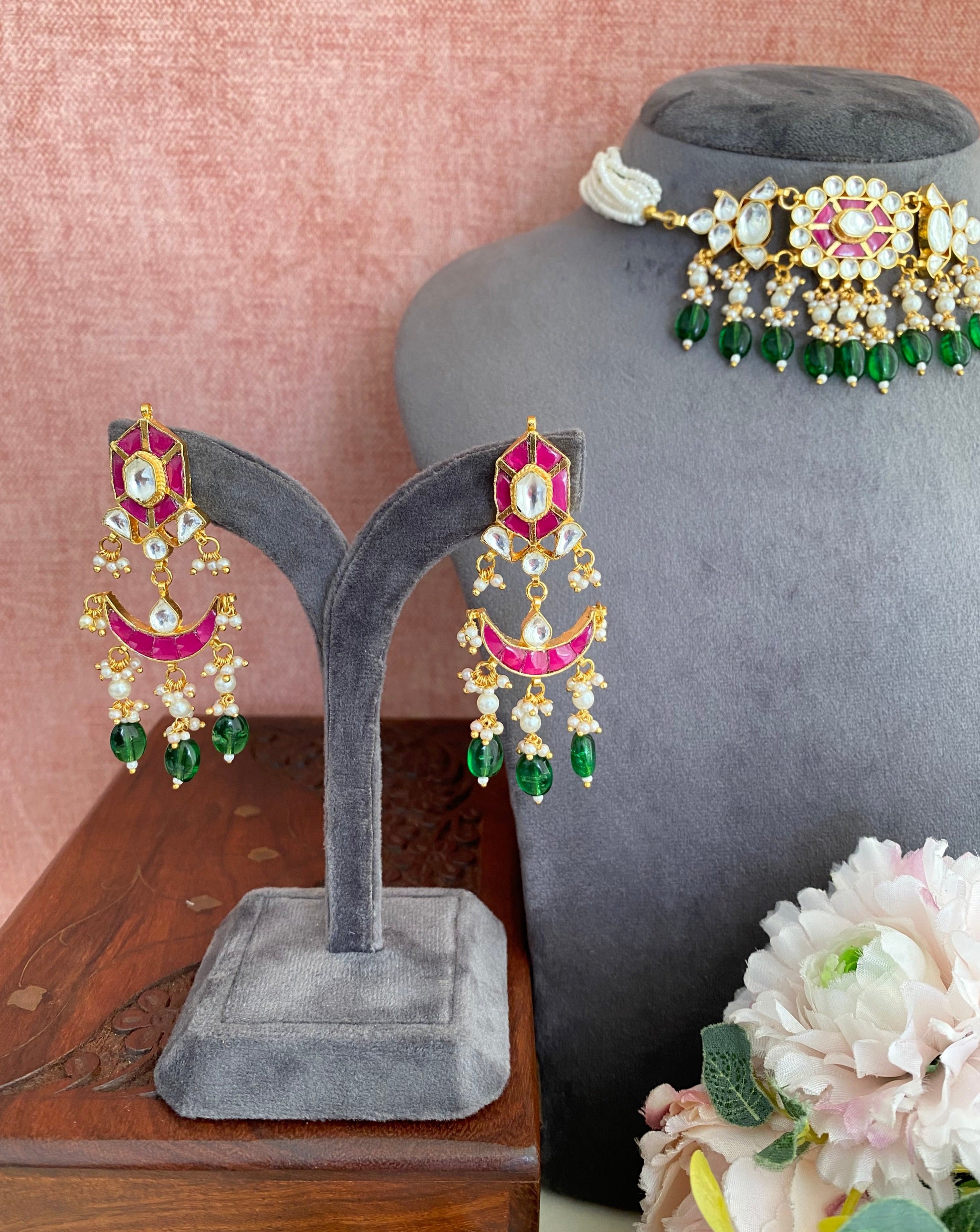 Gold plated Kundan choker set in green drops
