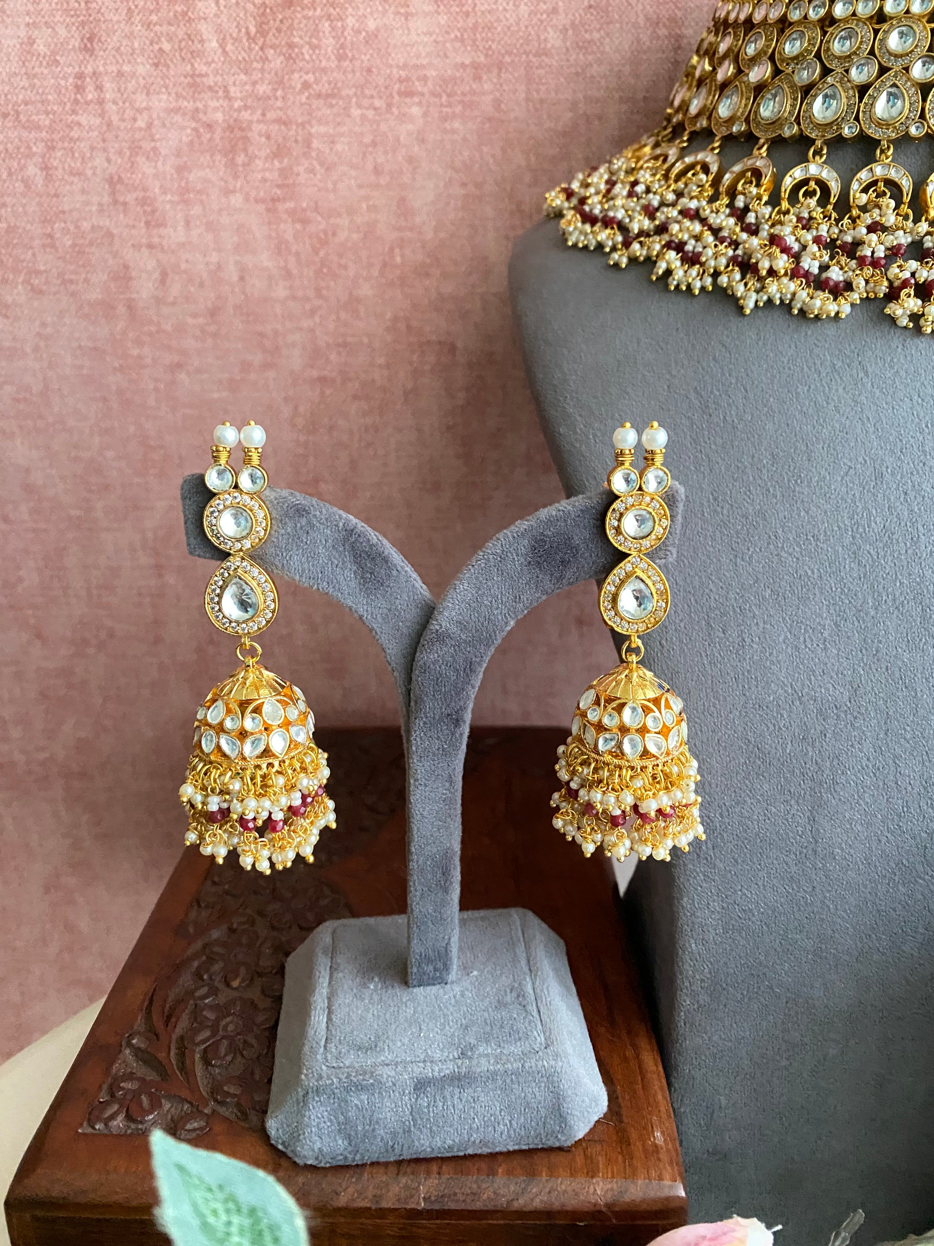 Kundan Gold plated Bridal Necklace Set in red pearl