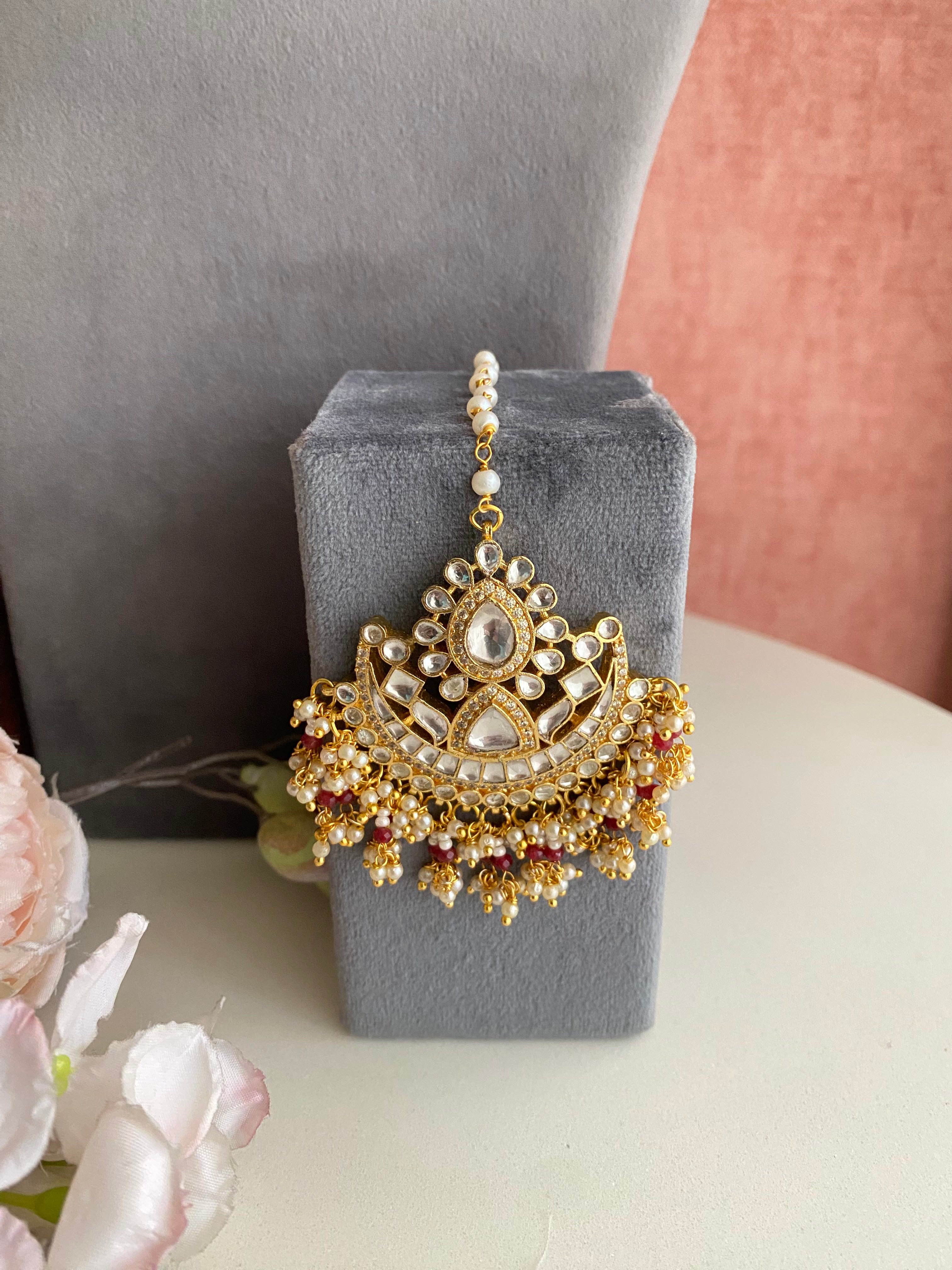 Kundan Gold plated Bridal Necklace Set in red pearl
