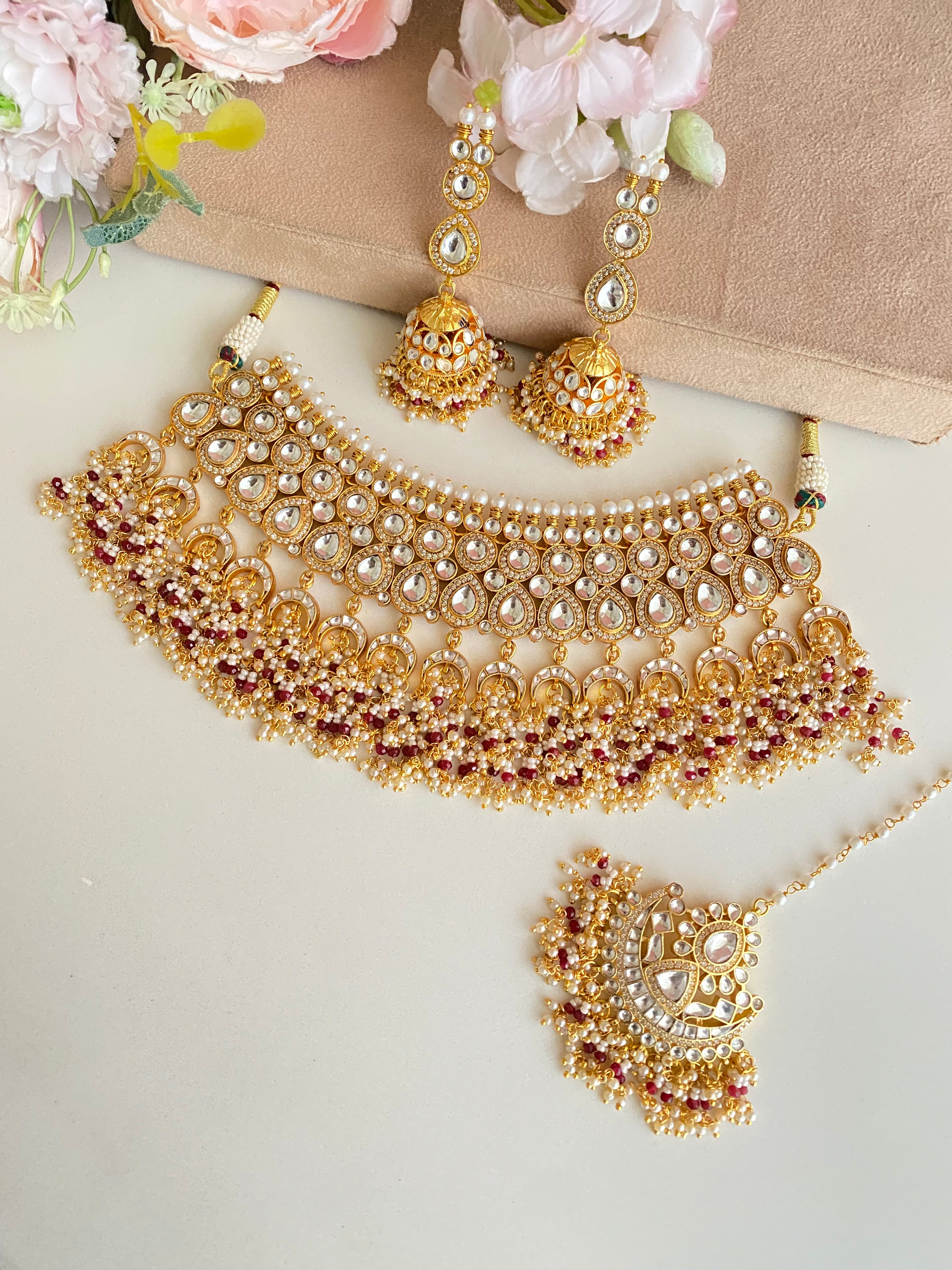 Kundan Gold plated Bridal Necklace Set in red pearl