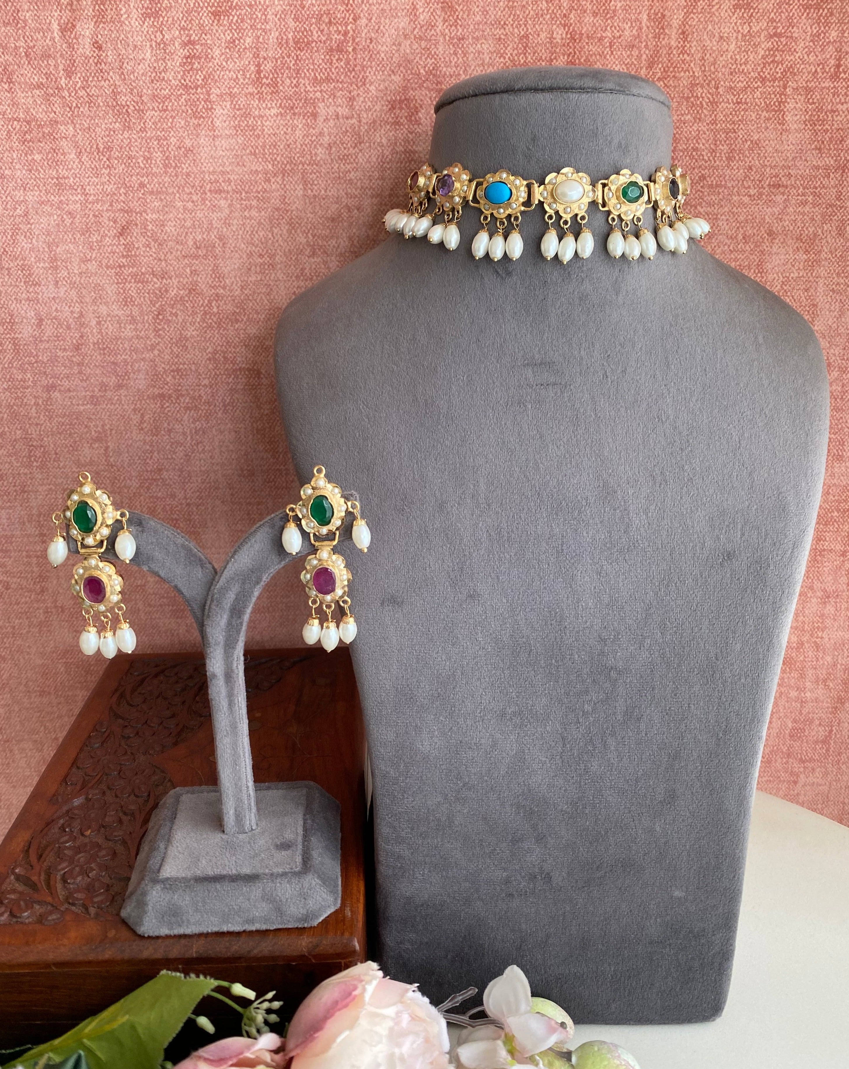 Amritsari Jadau Gold Plated Navrattan Choker Set