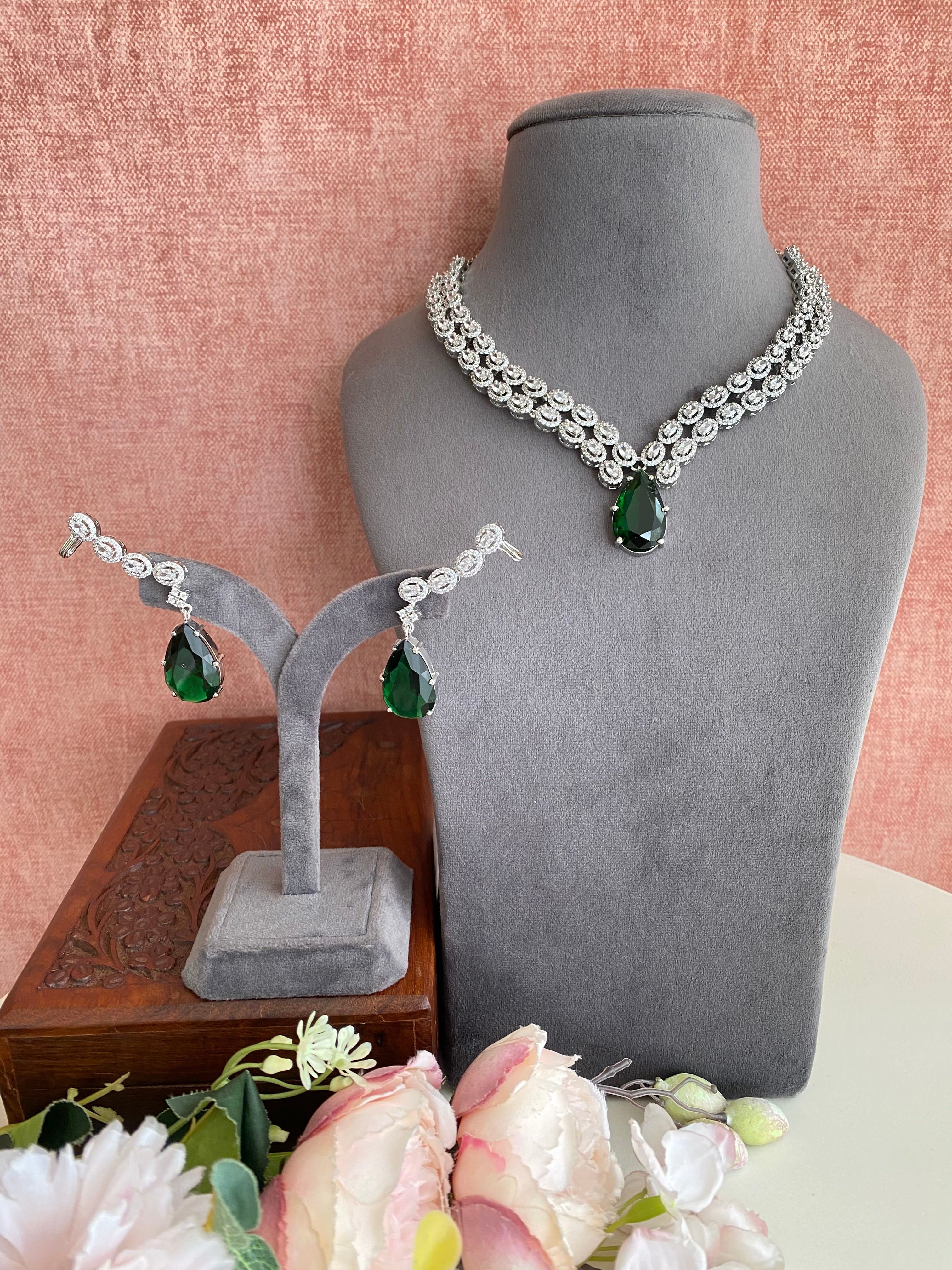 Silver Plated Emerald Diamond Necklace set