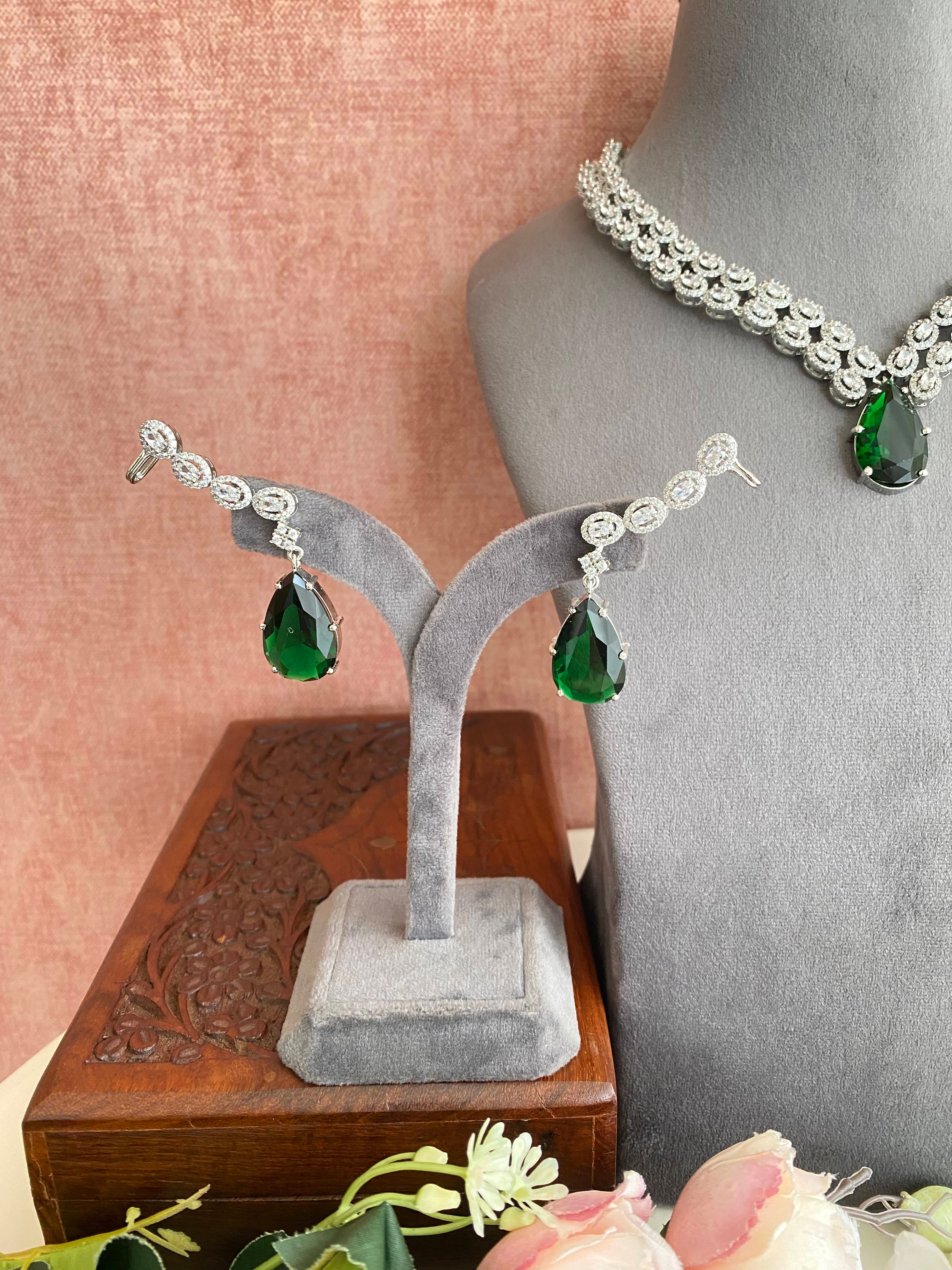 Silver Plated Emerald Diamond Necklace set