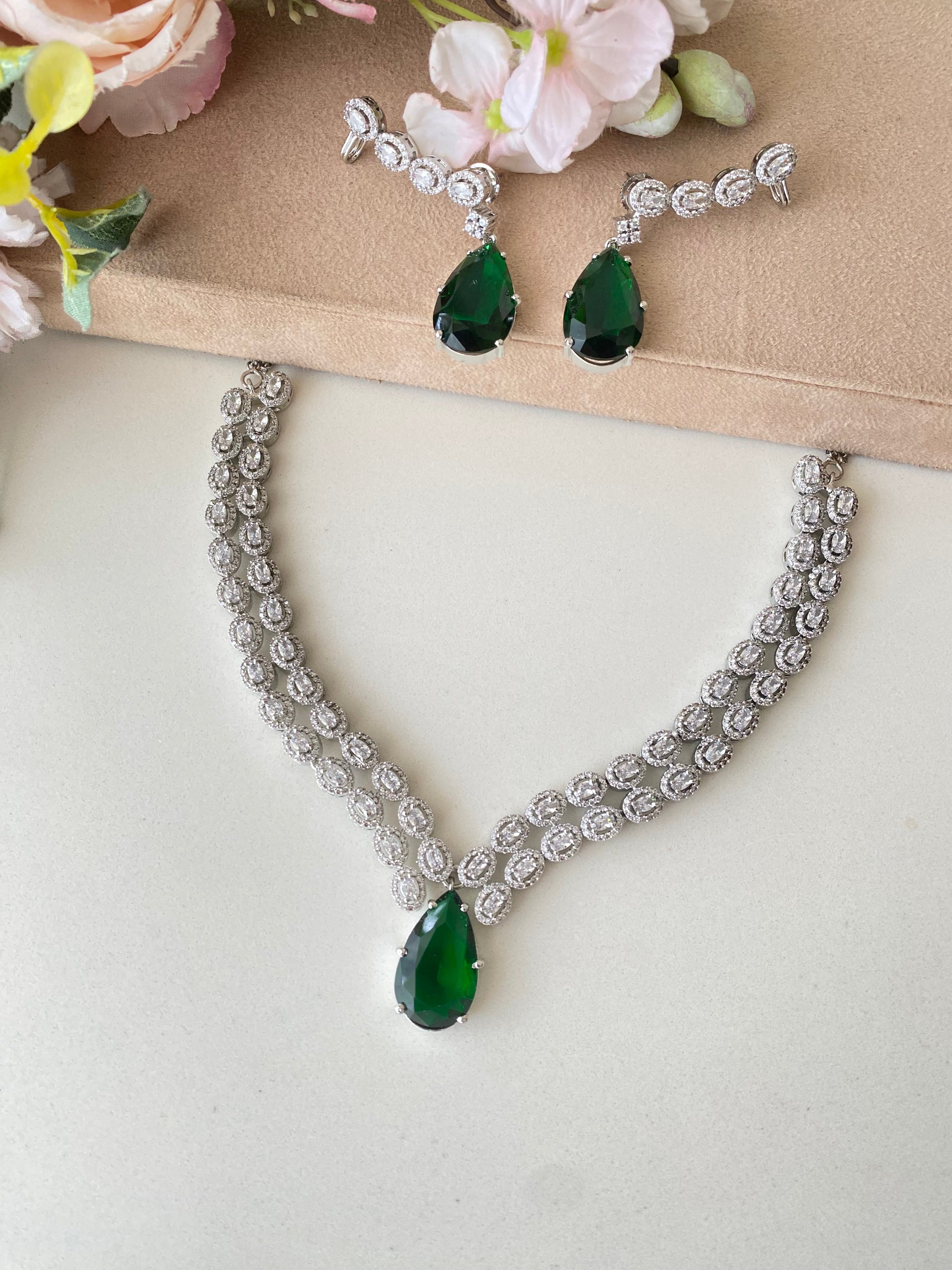 Silver Plated Emerald Diamond Necklace set