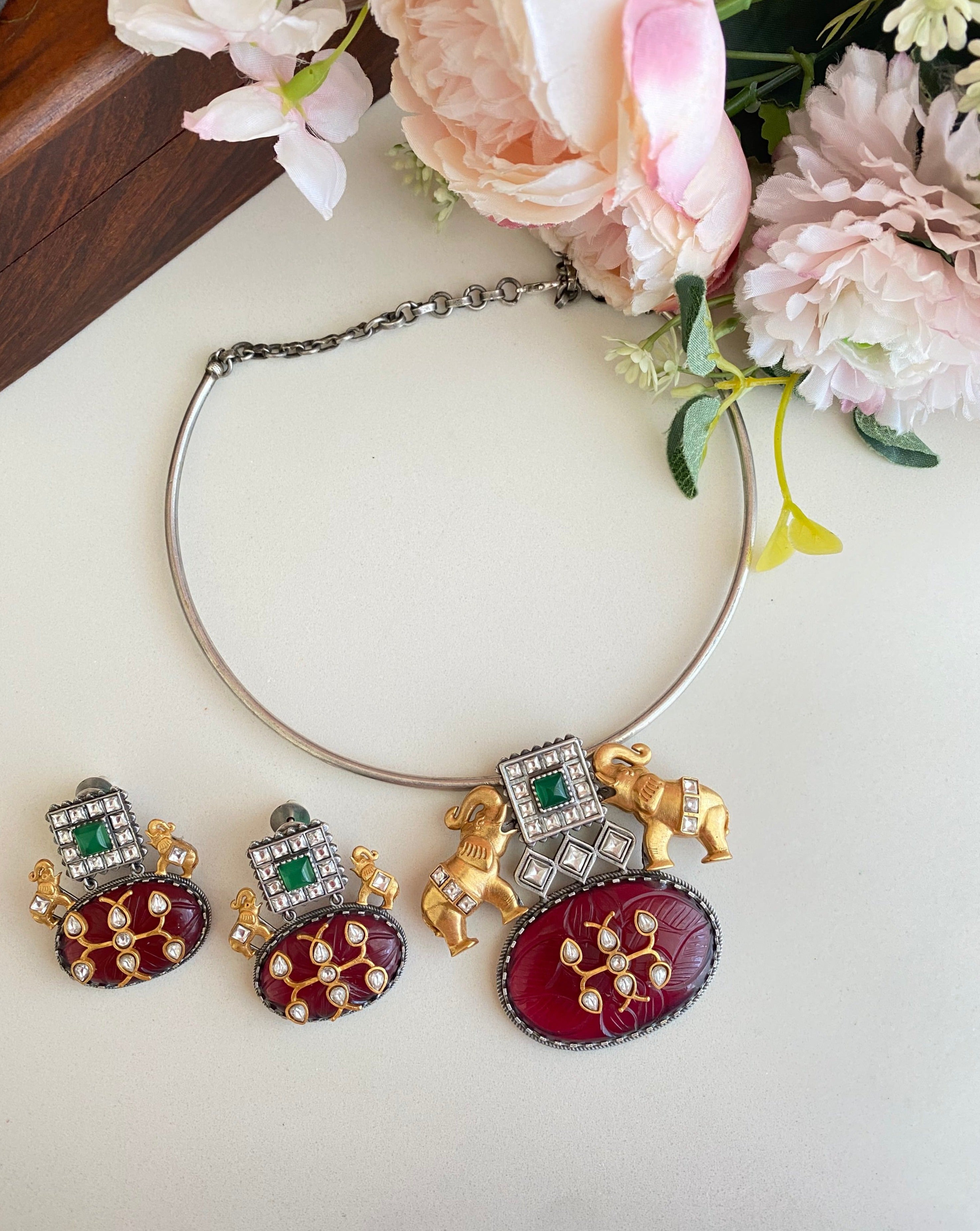 Oxidised Red Necklace Set