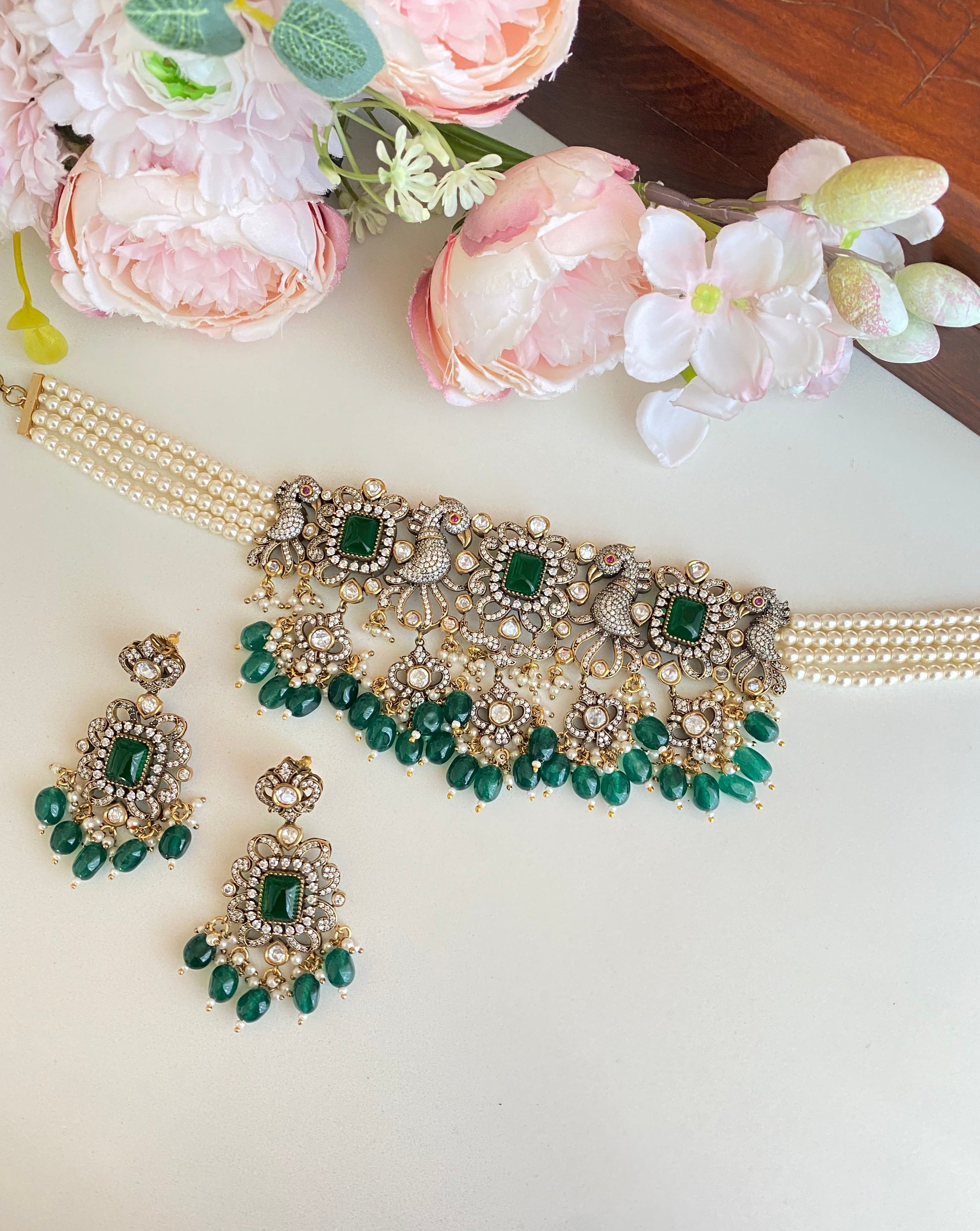 silver plated Mossanite Green stone choker set