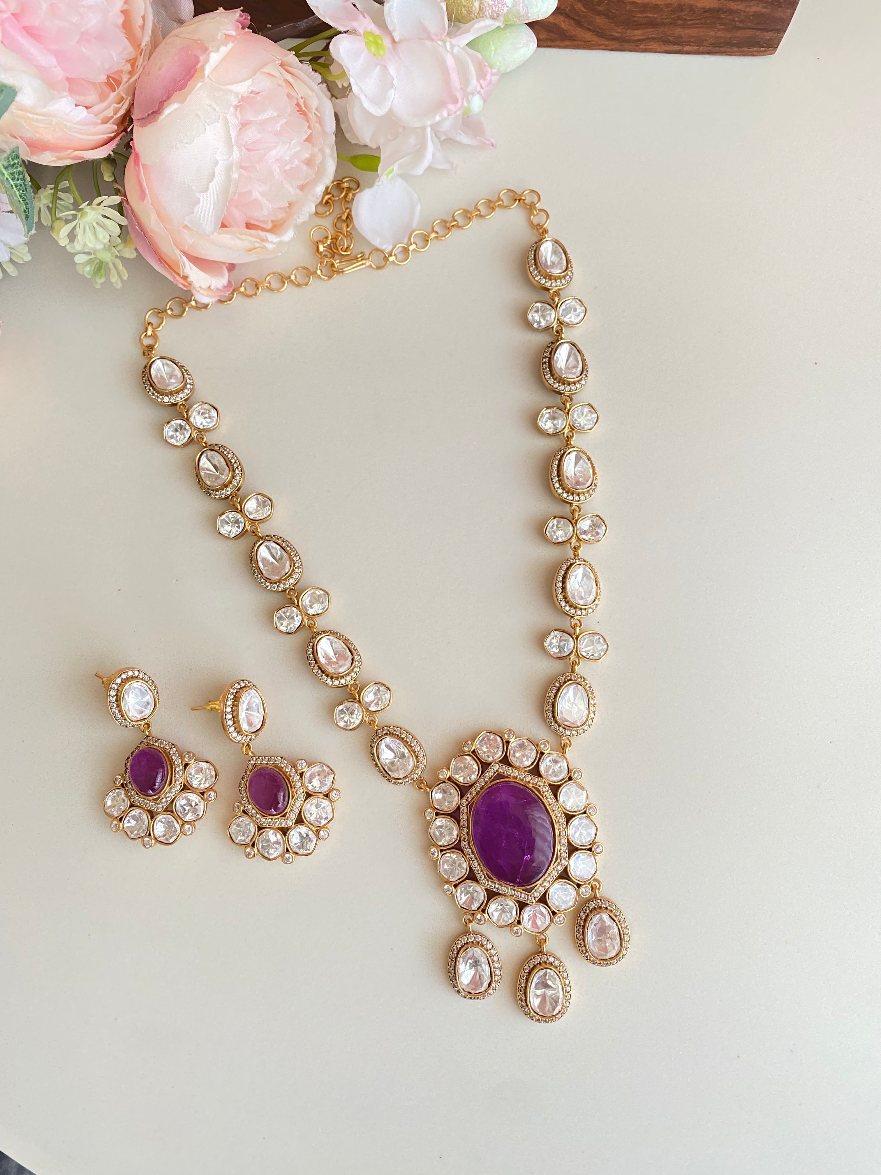 Purple stone long necklace set