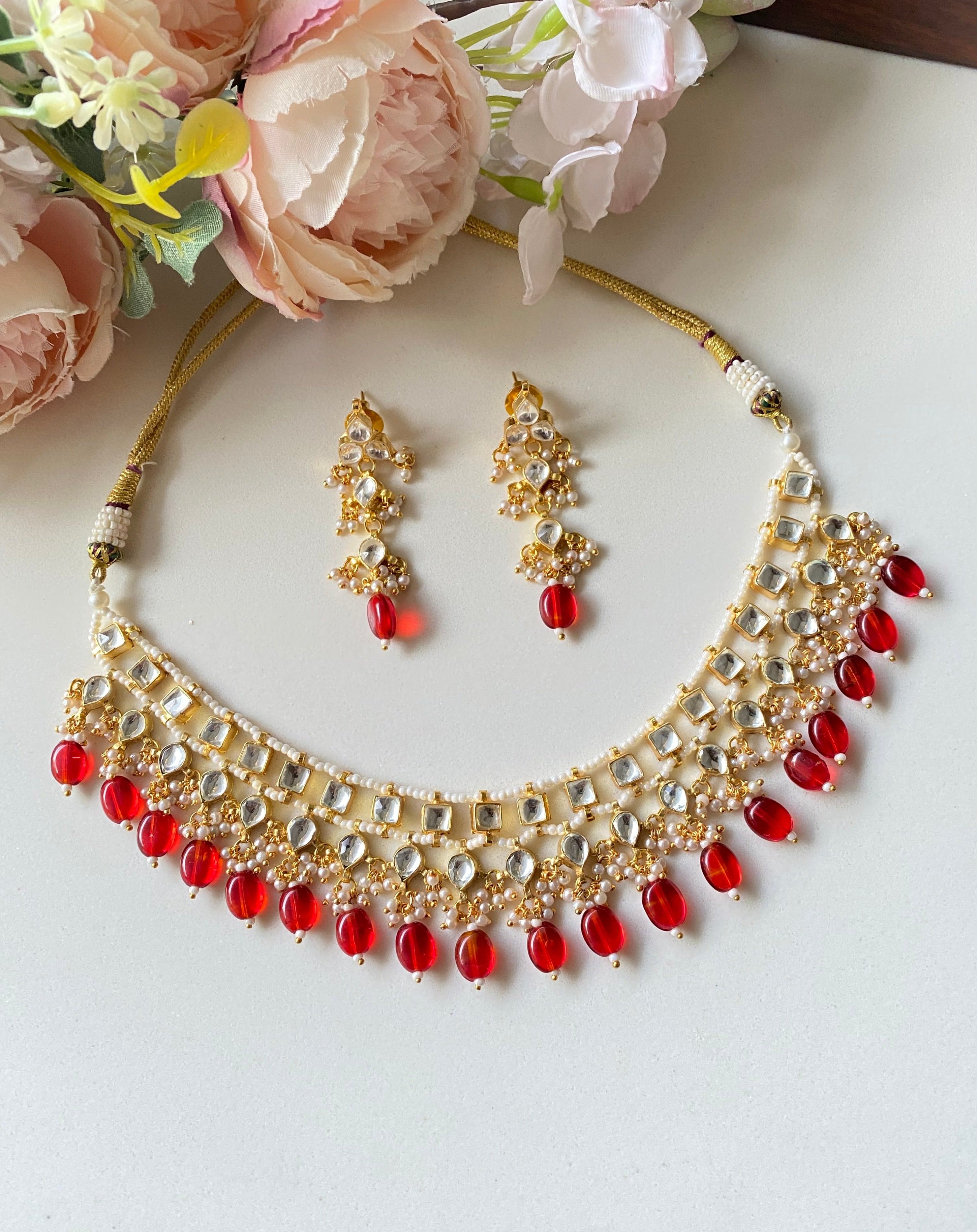Kundan Gold plated Necklace Set With Red Drops