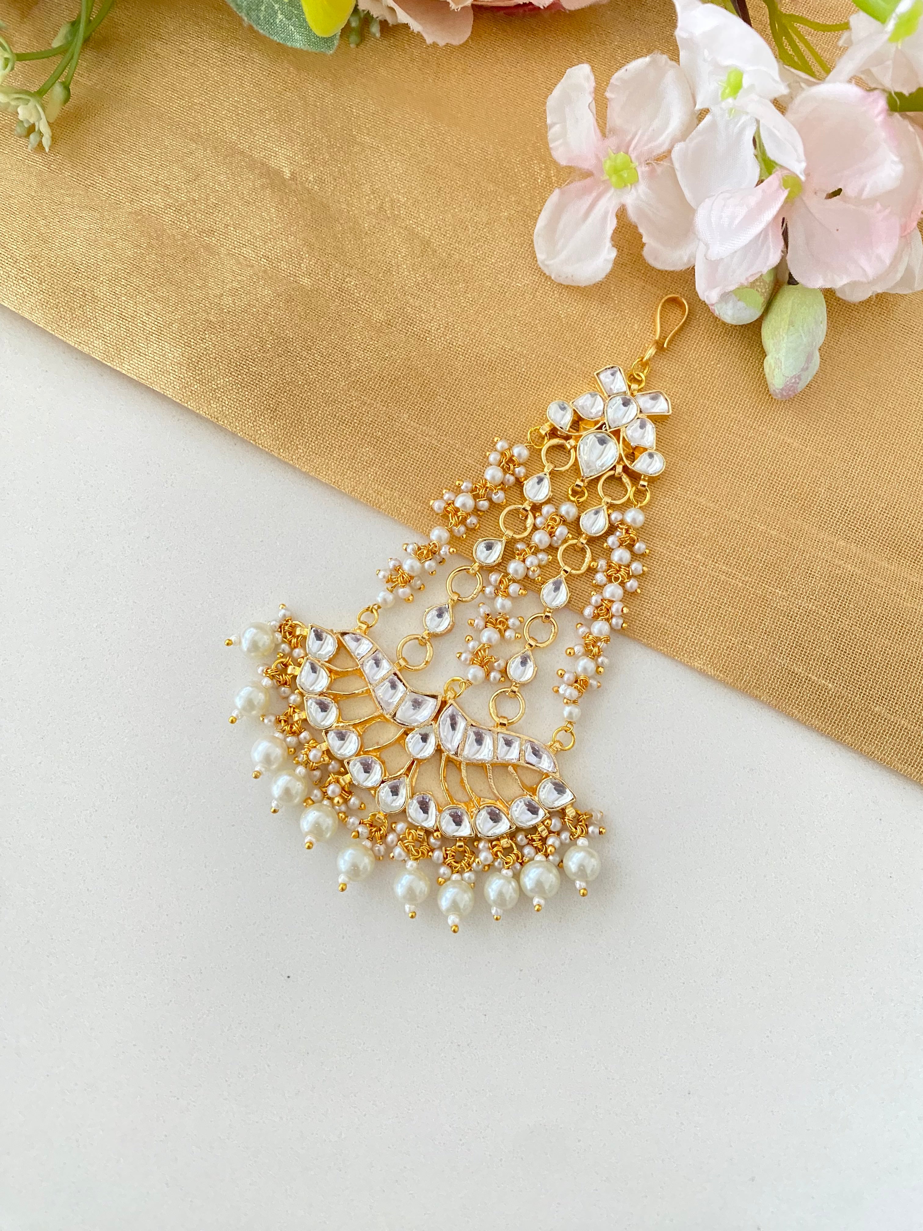 Gold plated Kundan Pasa in pearl drops