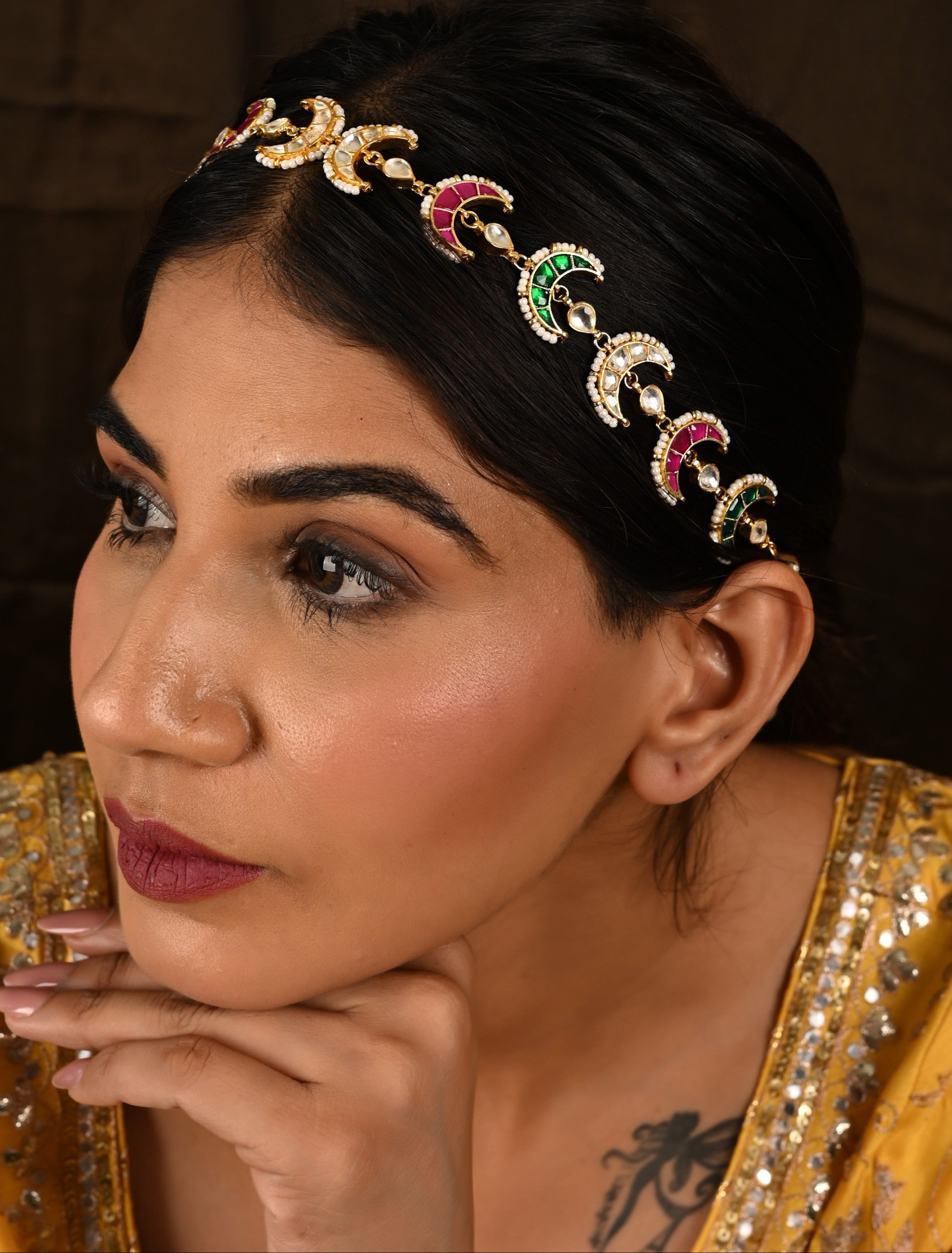 Gold Plated Pink and Green Kundan Sheeshphool