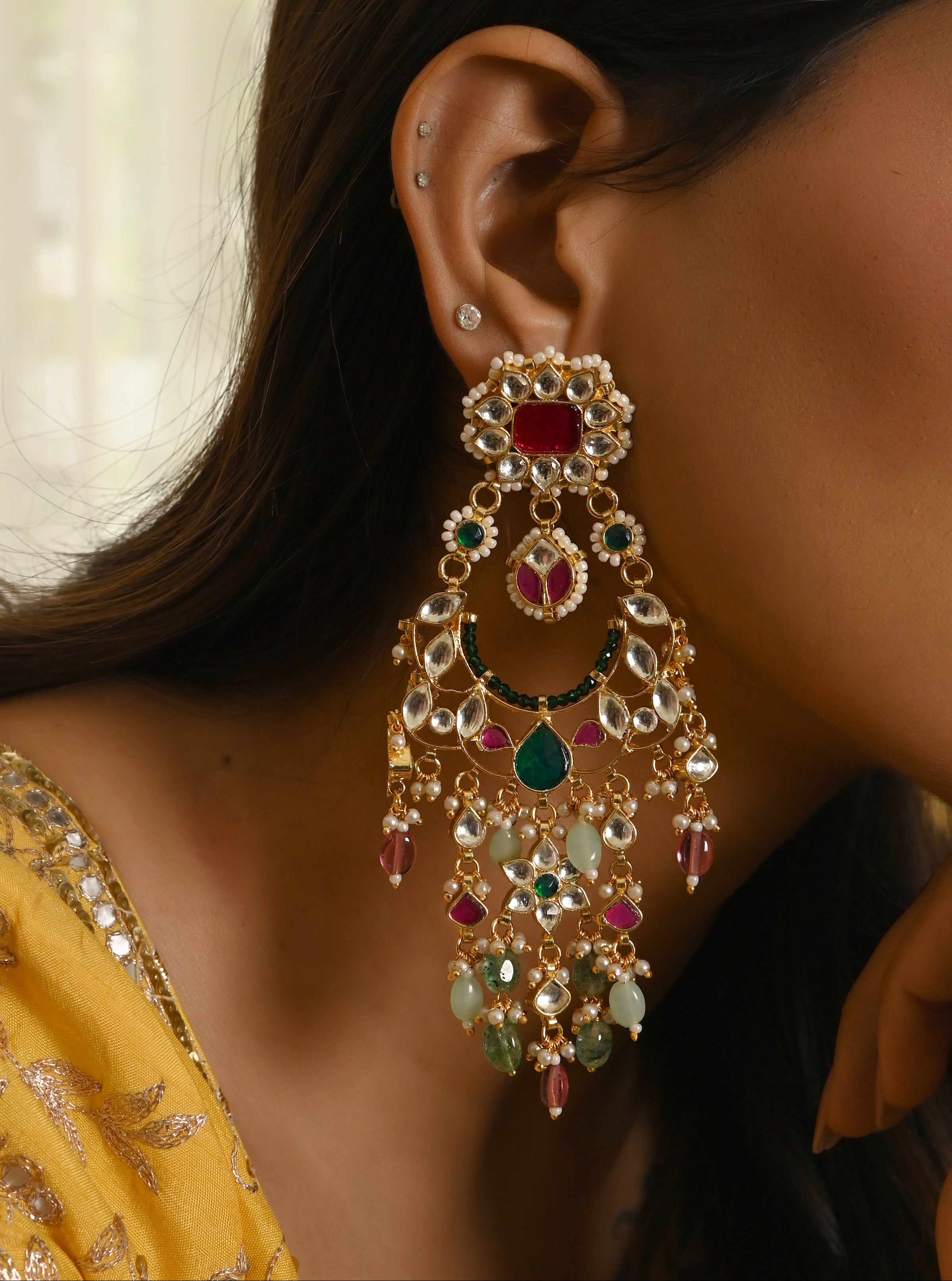 Multicolor Gold Plated Jadau Kundan Earrings