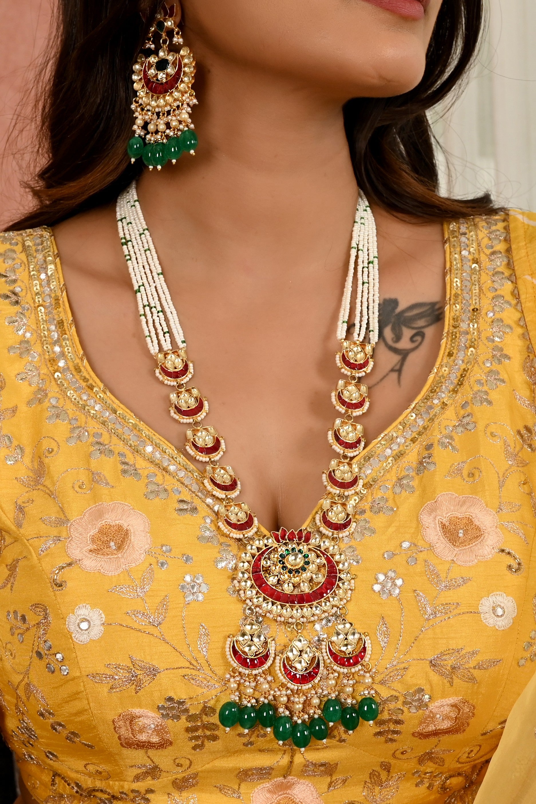 Gold Plated Kundan Long Set in Green drops