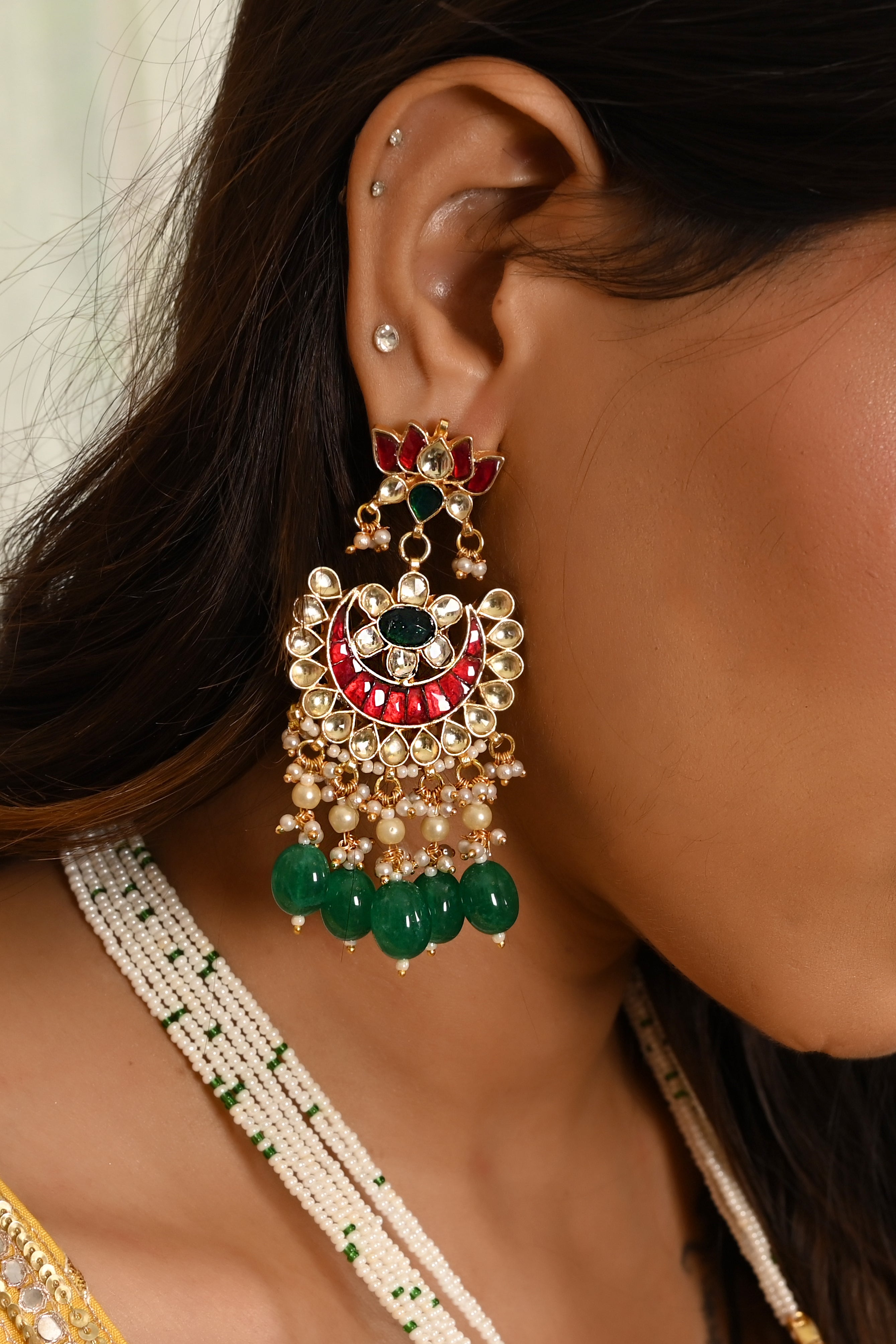 Gold Plated Kundan Long Set in Green drops