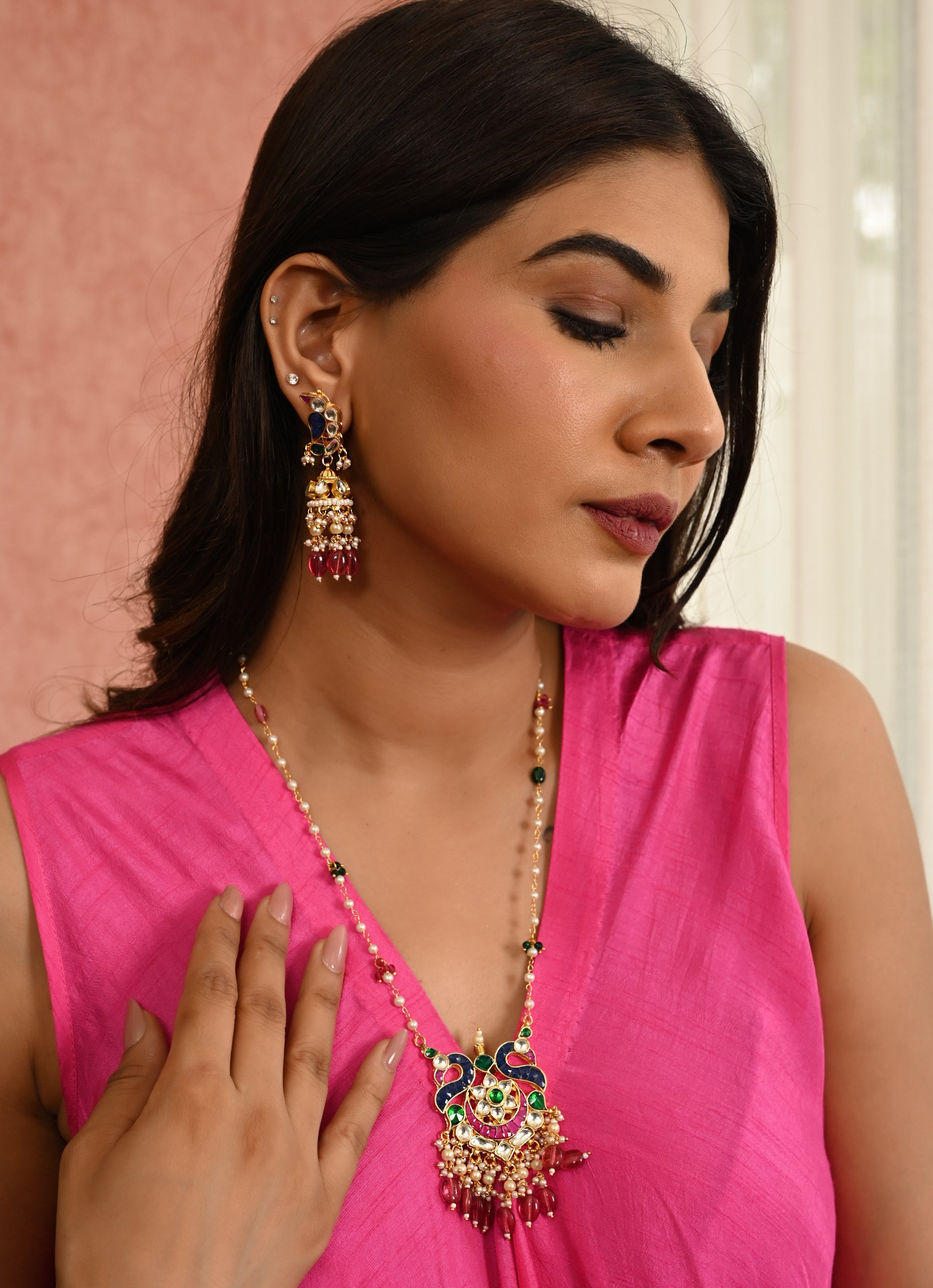 Gold Plated Pink Green Kundan Long set