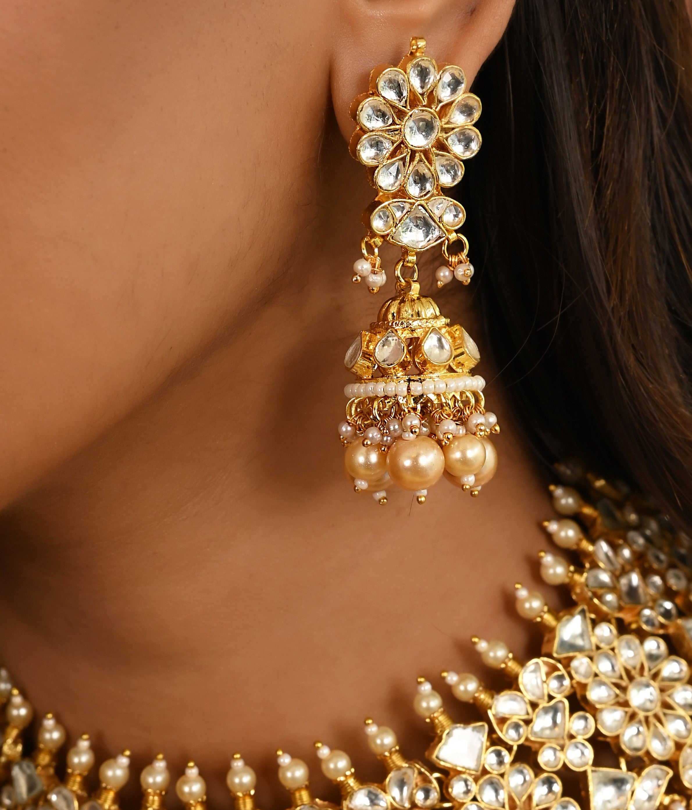 Kundan Gold plated Bridal Necklace Set in pearl