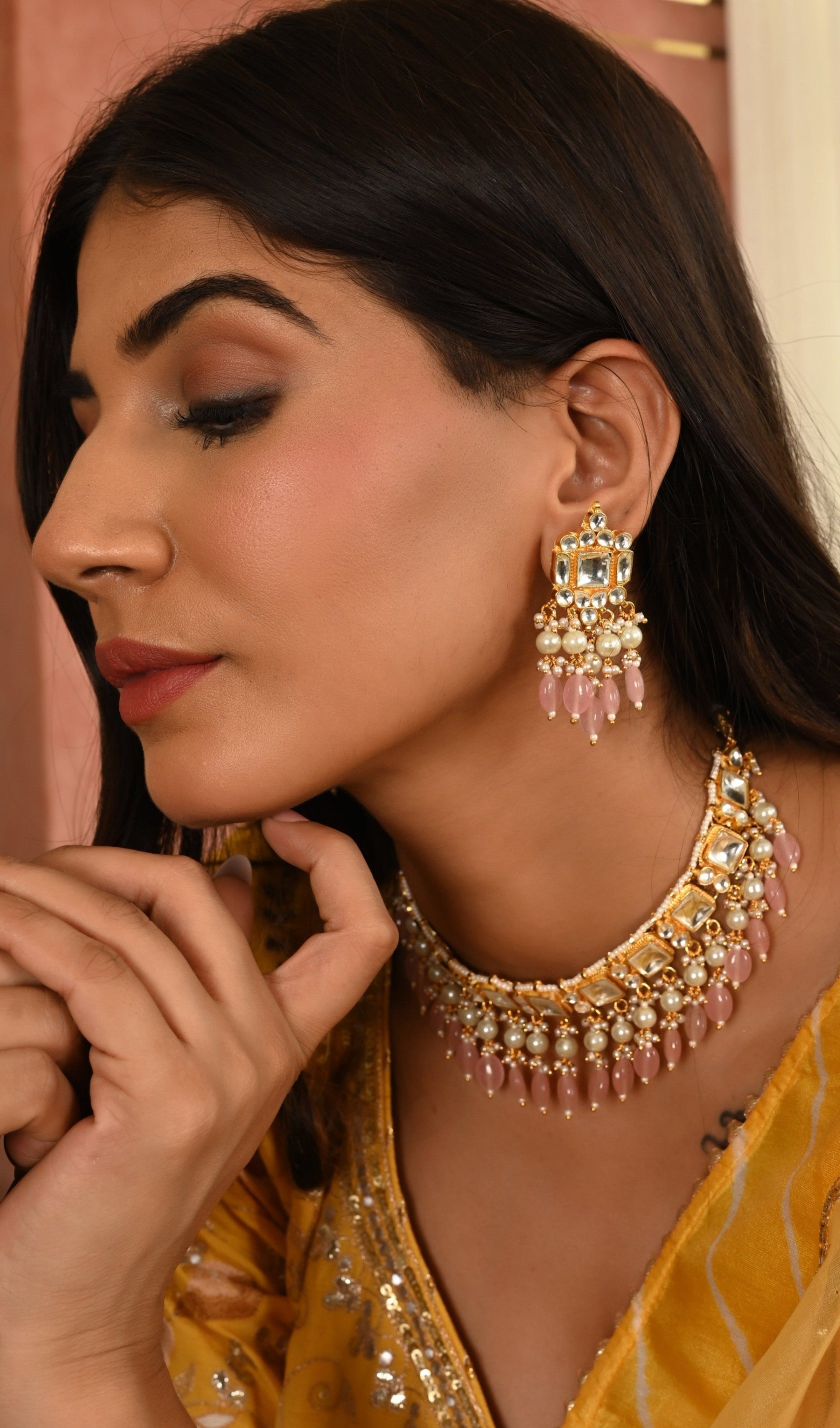 Gold plated Kundan Choker Set in Pink Drops