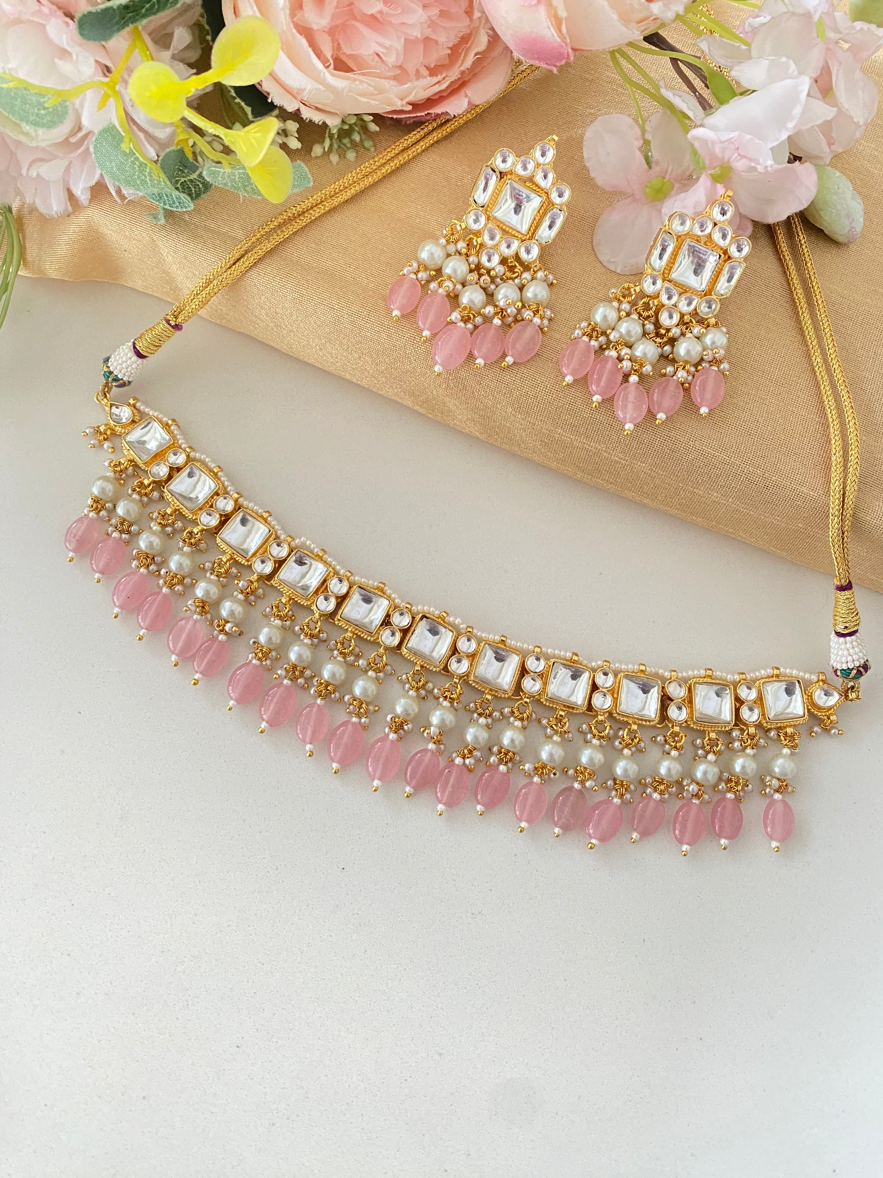Gold plated Kundan Choker Set in Pink Drops
