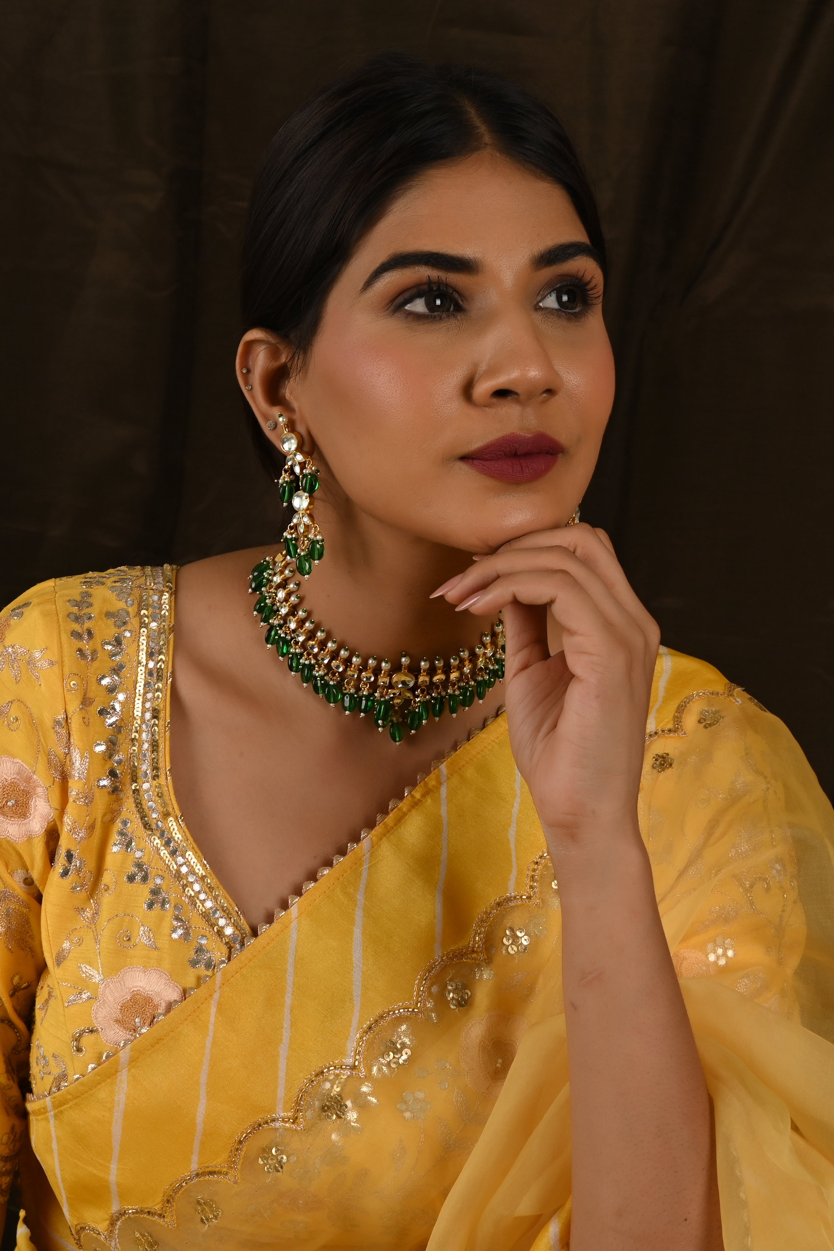 Kundan Gold plated Necklace Set in green drops