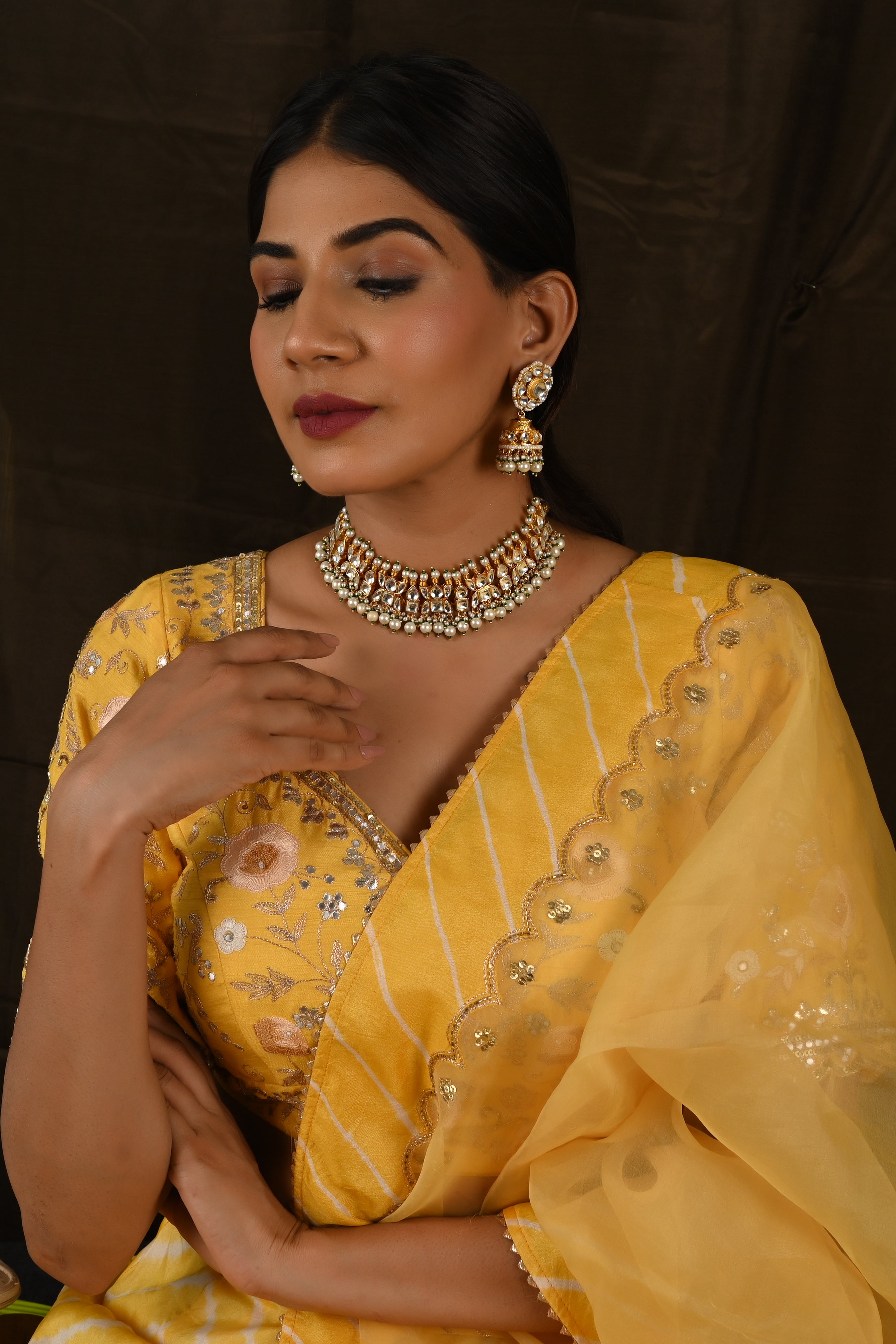 Gold plated Kundan Choker Set with Jhumka