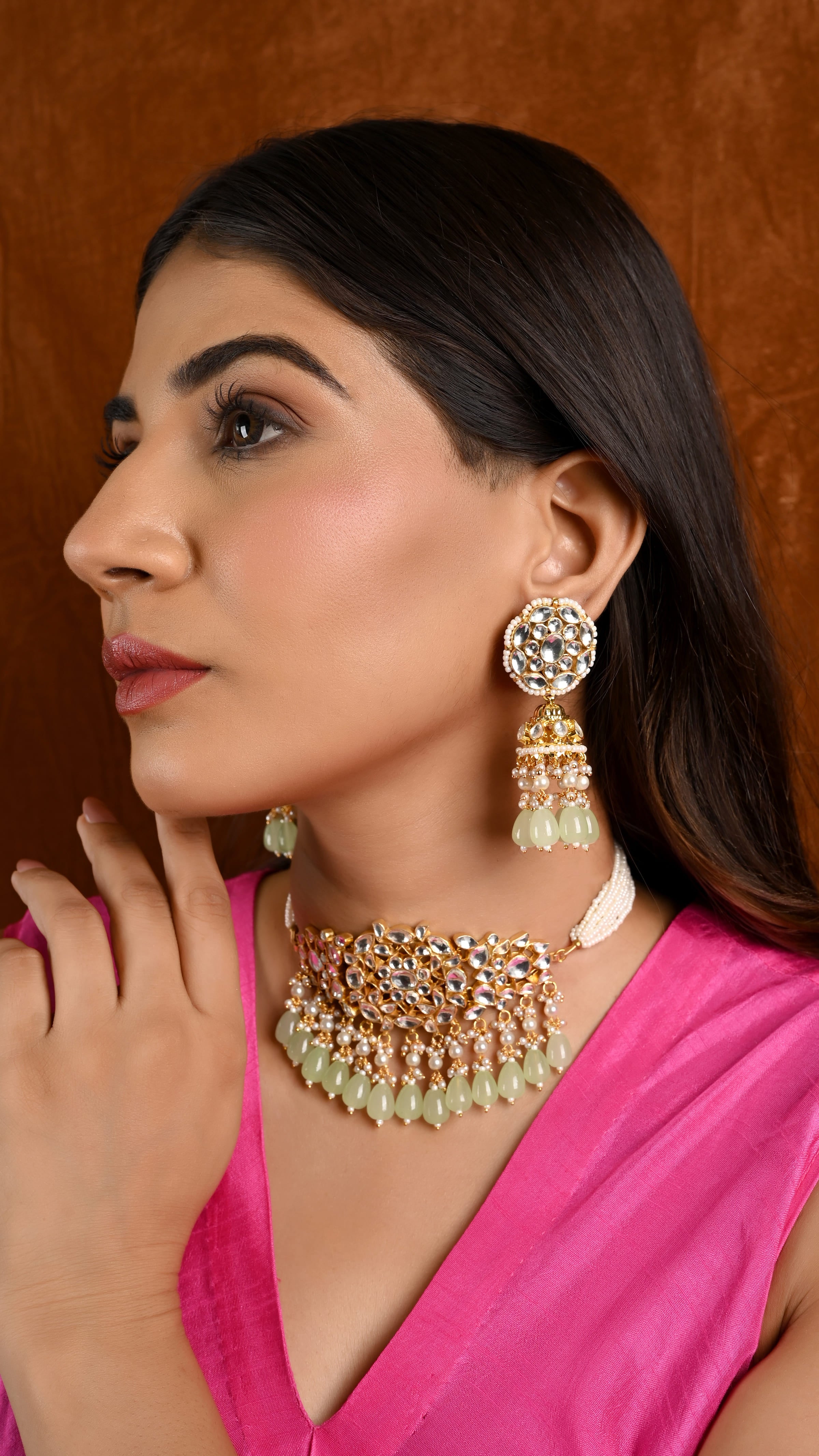 Gold plated Kundan Choker Set in mint drops