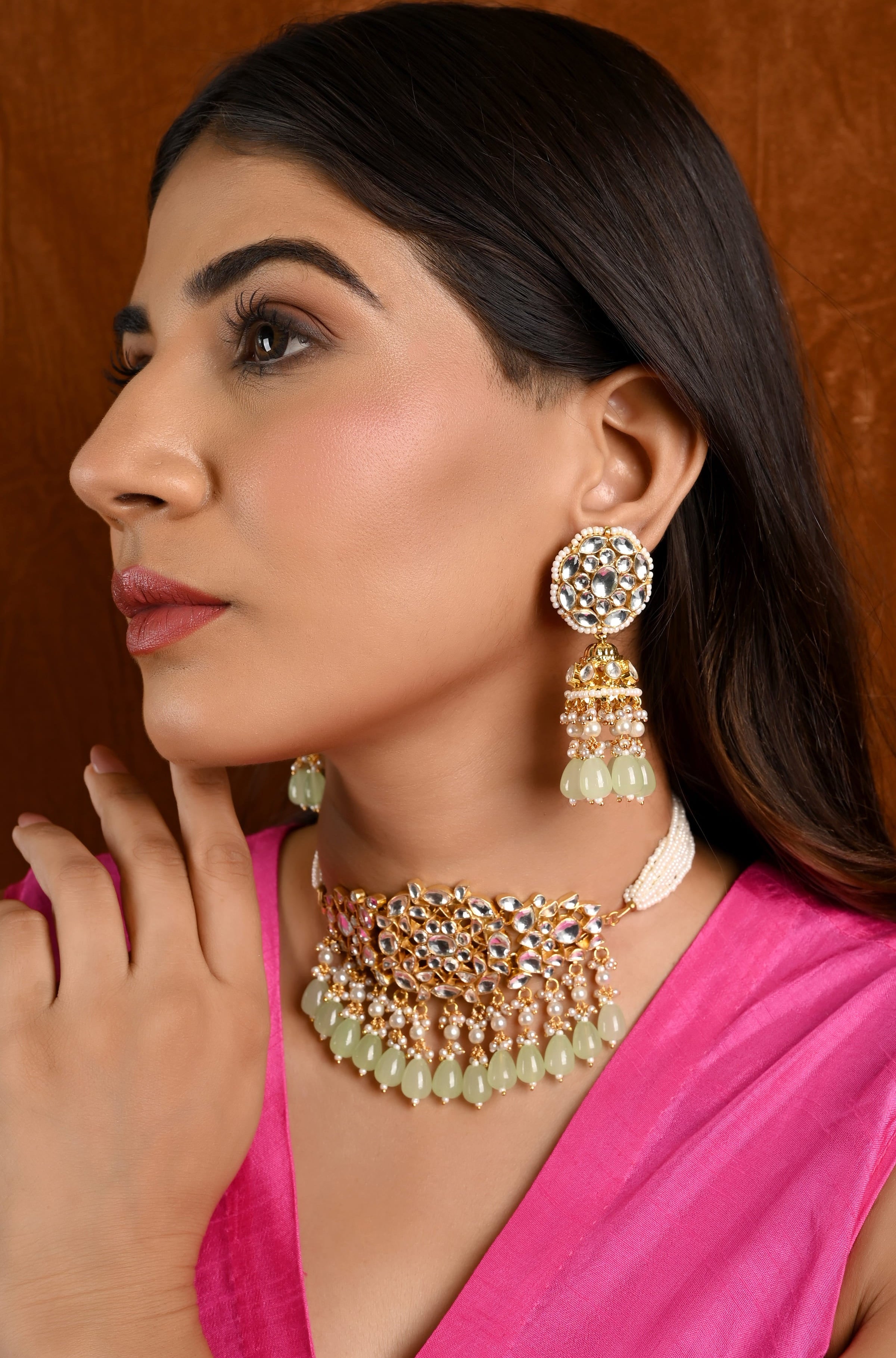 Gold plated Kundan Choker Set in mint drops