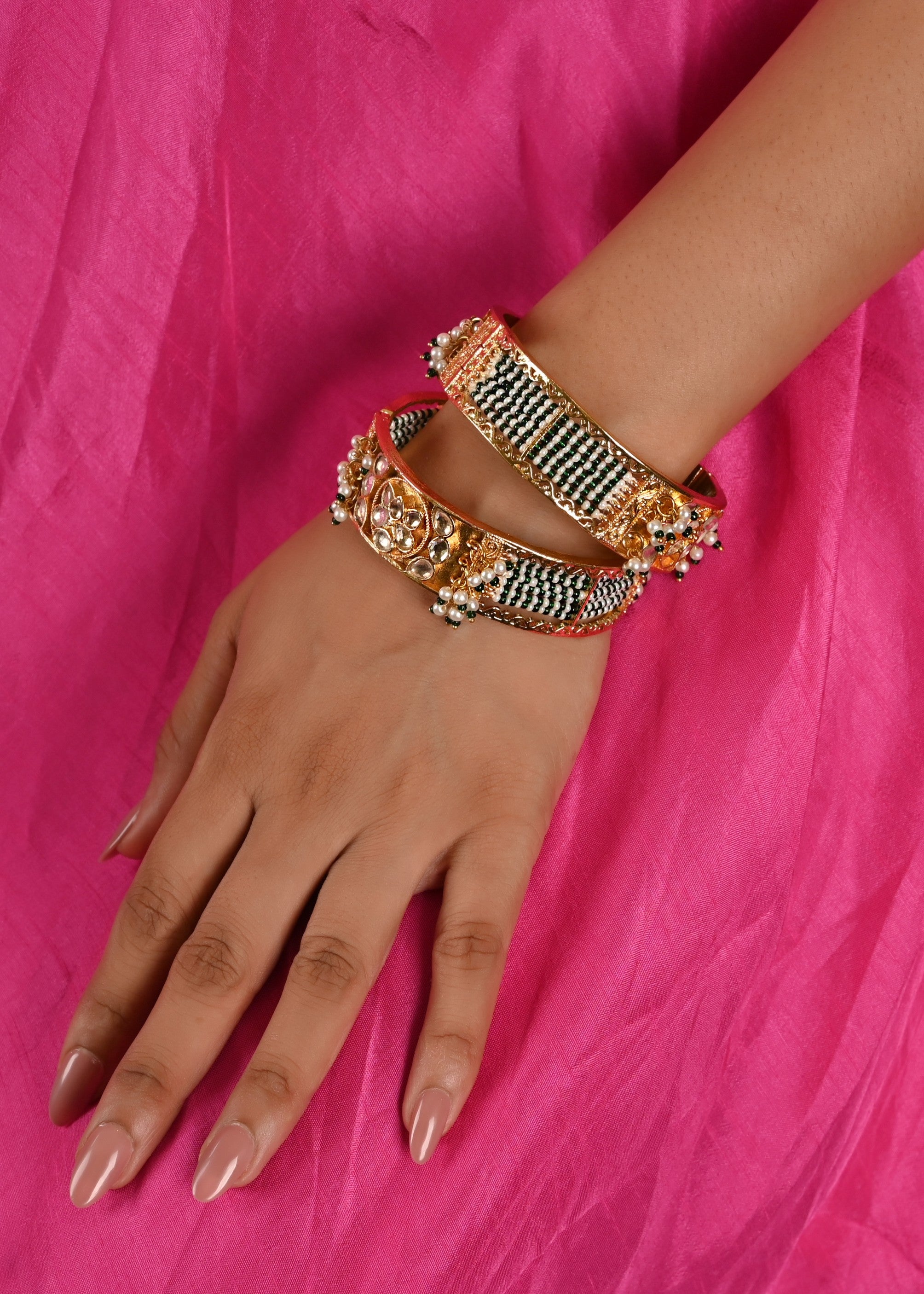 Gold plated Kundan Bangle in Green pearl detailing