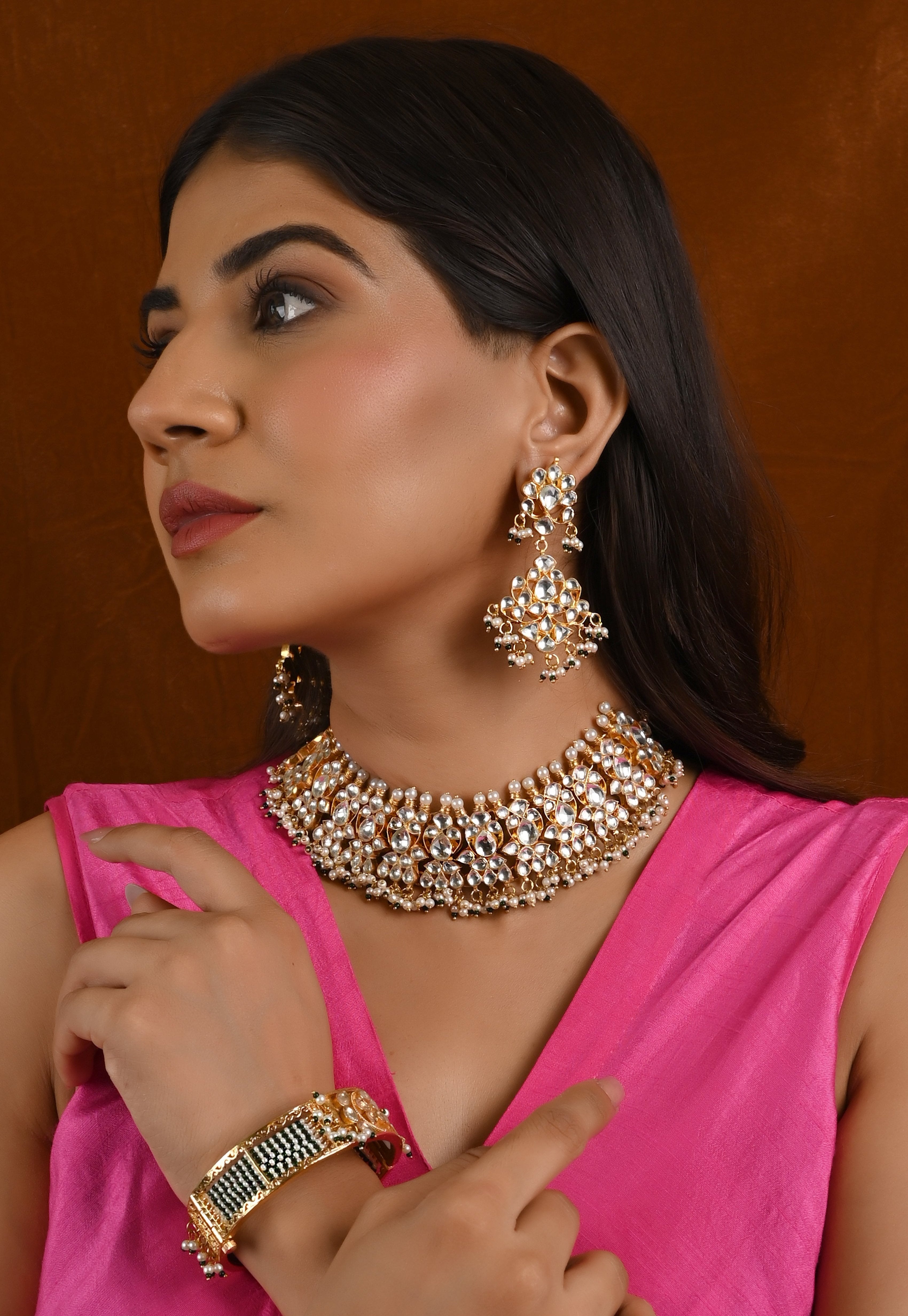 Kundan Gold plated Necklace Set in Green Pearl