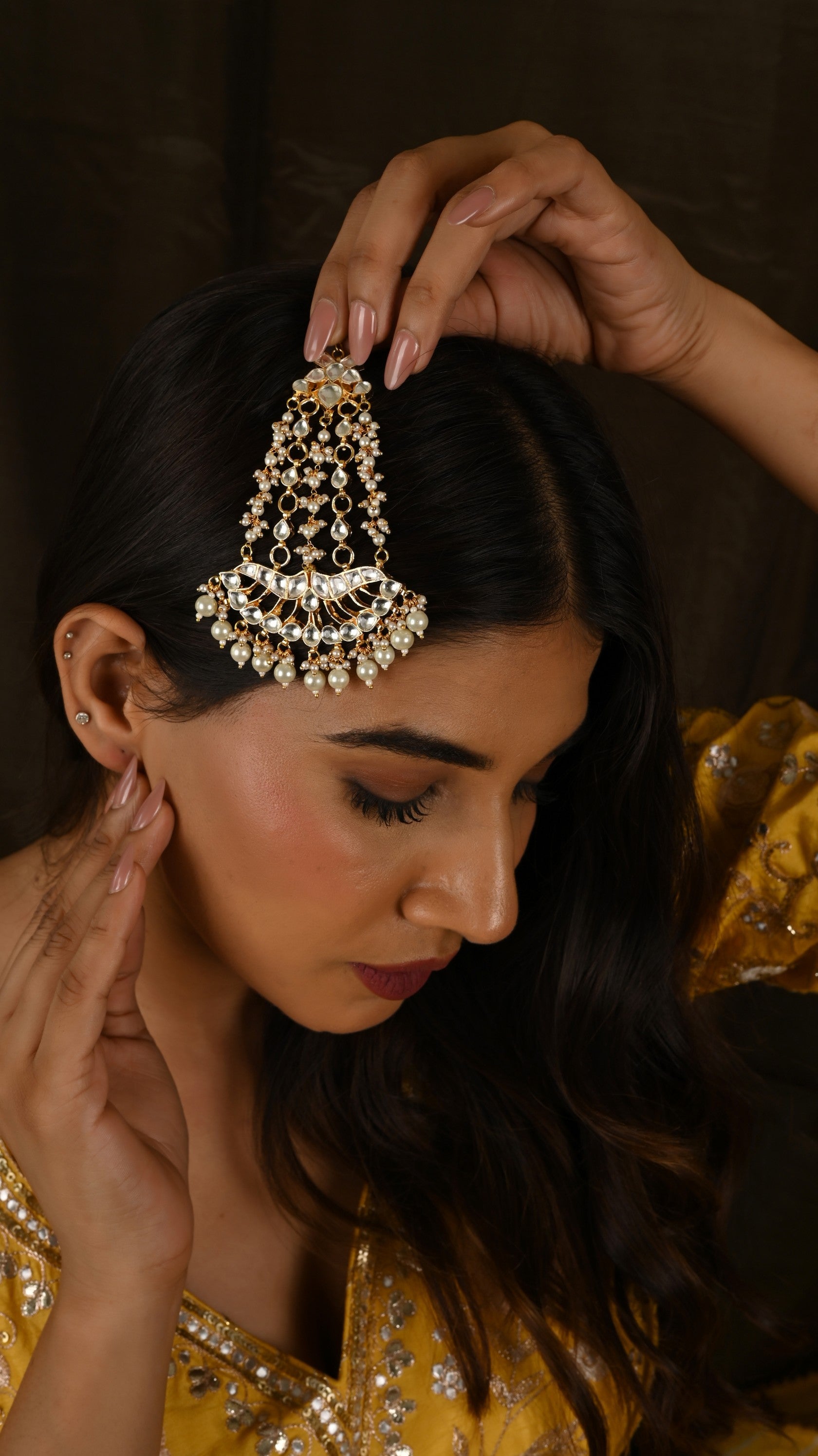 Gold plated Kundan Pasa in pearl drops