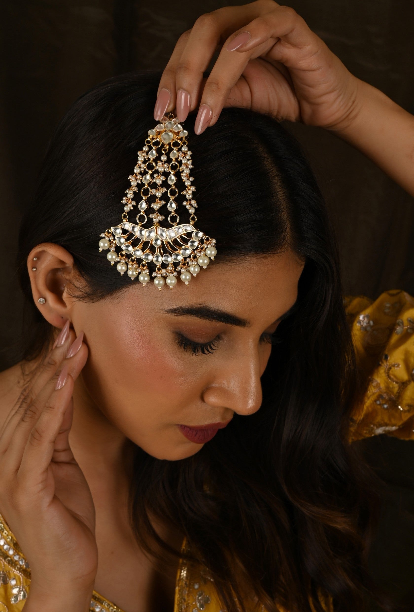 Gold plated Kundan Pasa in pearl drops